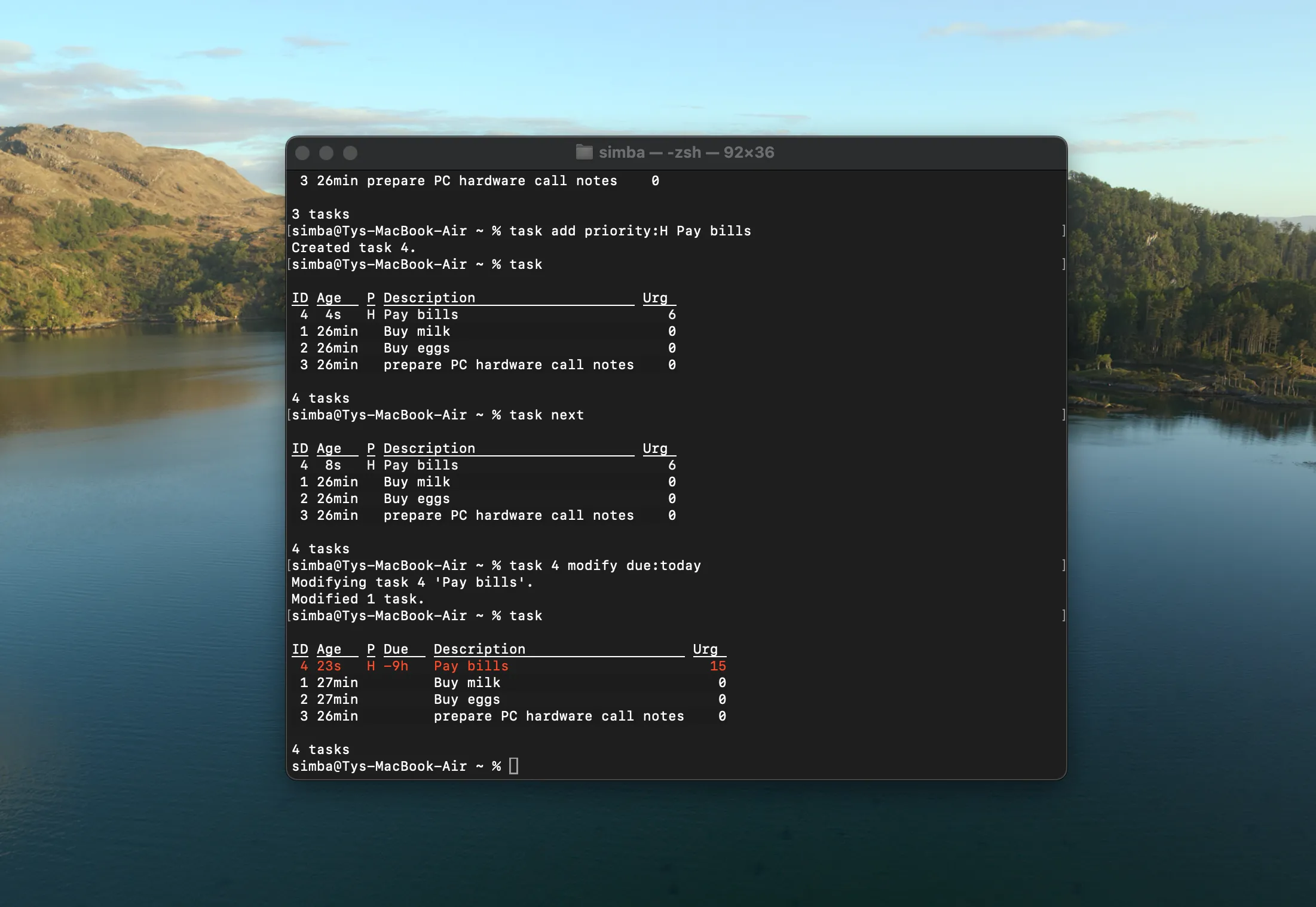 Giao diện Taskwarrior trên macOS hiển thị danh sách tác vụ