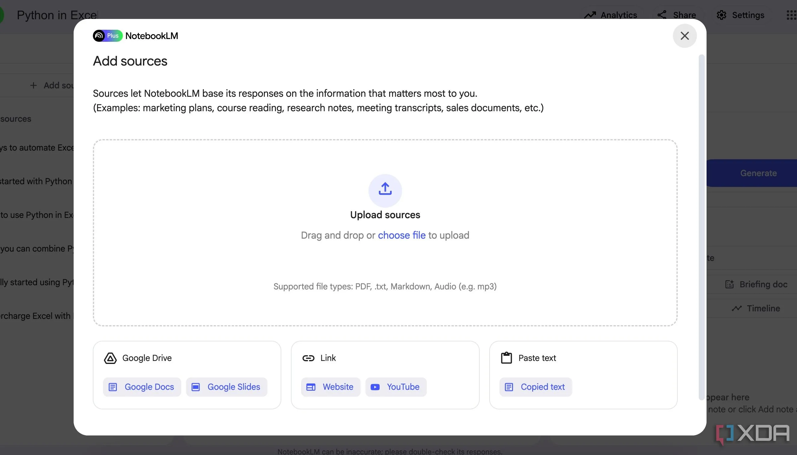 Giao diện thêm nguồn dữ liệu vào NotebookLM, hỗ trợ từ ghi chú Markdown đến PDF và liên kết web