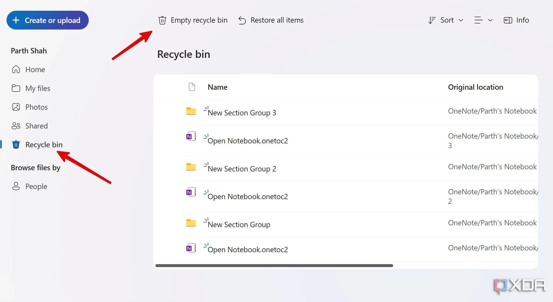 Giao diện Thùng rác OneDrive trên web, với tùy chọn 'Empty recycle bin' giúp giải phóng không gian lưu trữ