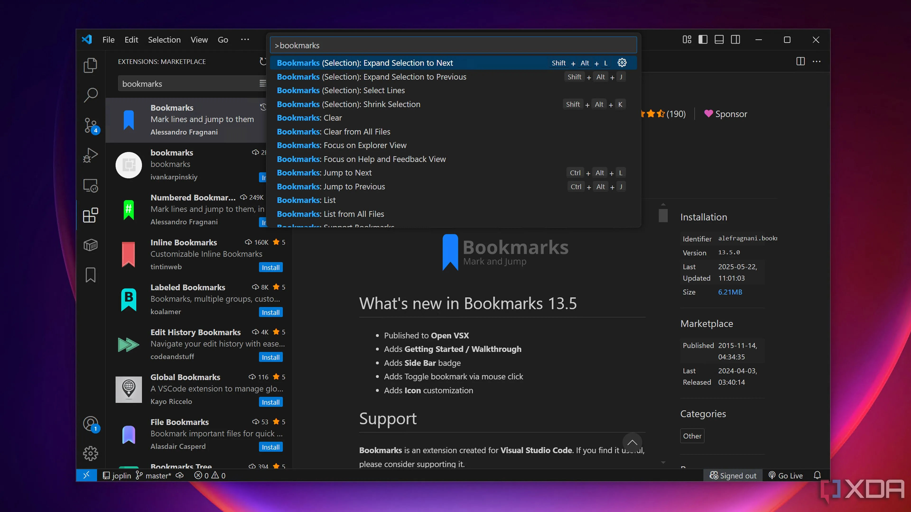 Giao diện tiện ích Bookmarks trong VS Code giúp đánh dấu và điều hướng nhanh chóng giữa các dòng mã quan trọng.