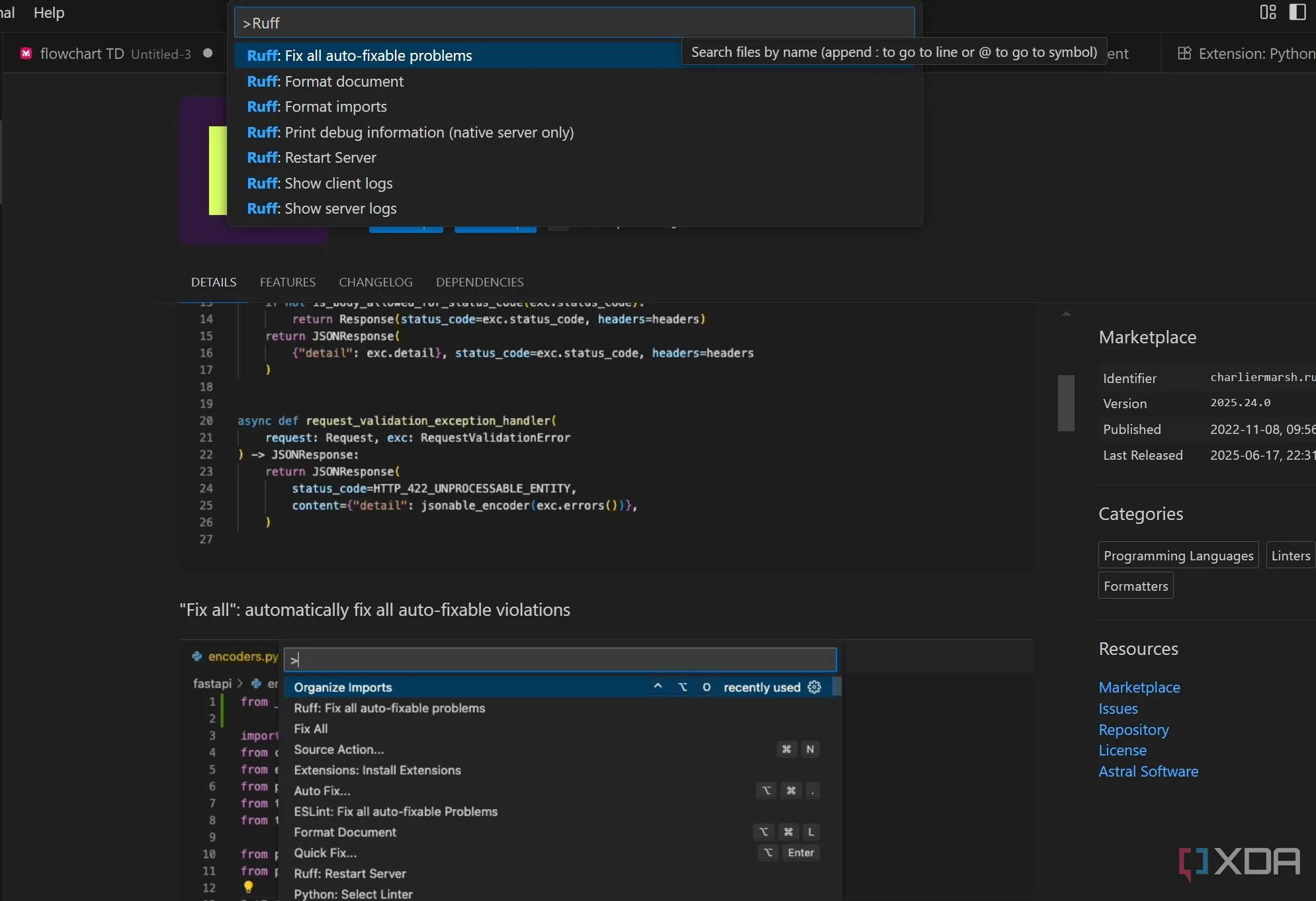 Giao diện tiện ích mở rộng Ruff trong VS Code hiển thị lỗi linting và cảnh báo cú pháp Python.