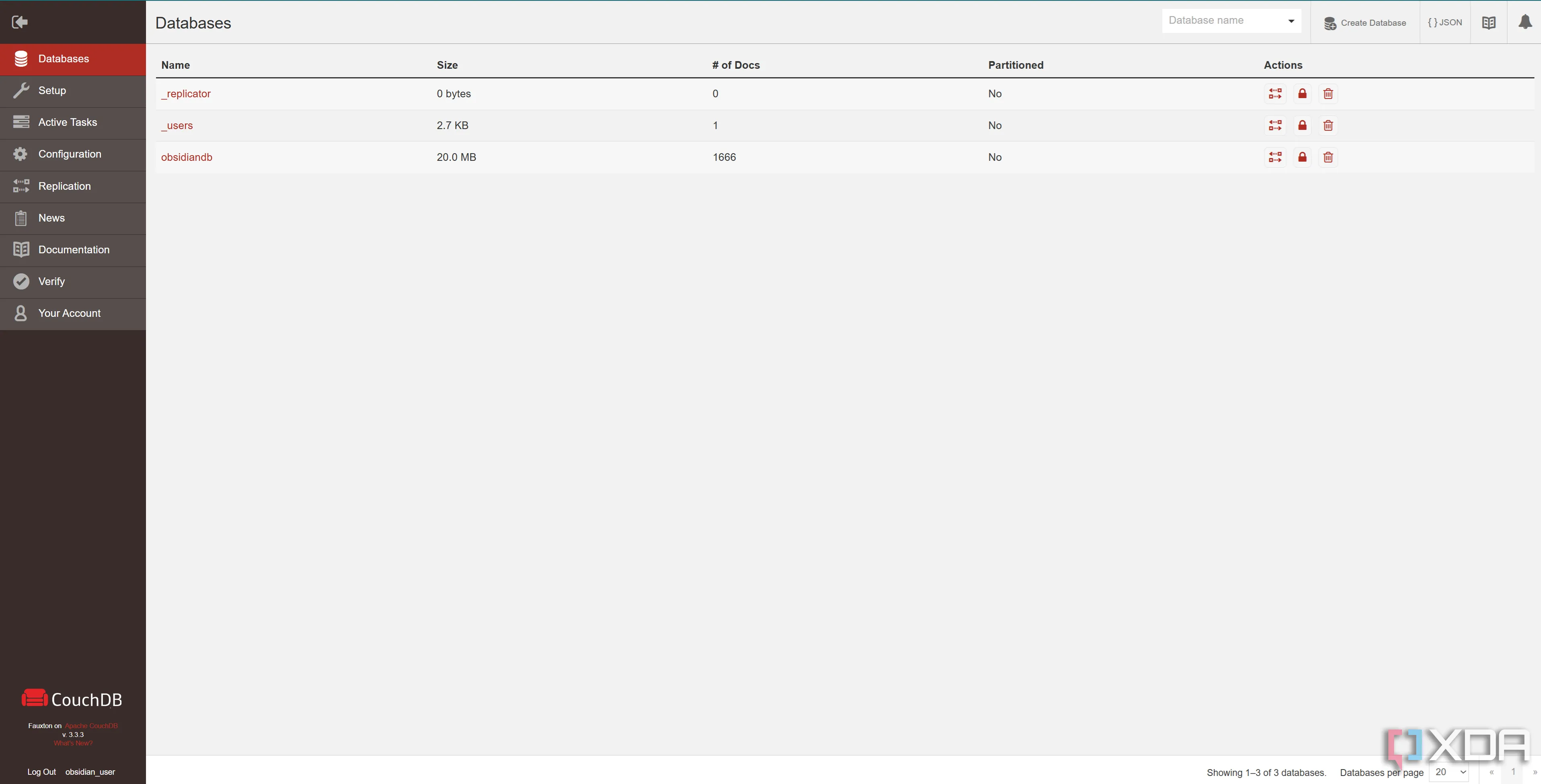 Giao diện trang chủ CouchDB sau khi đăng nhập, hiển thị các database hiện có.