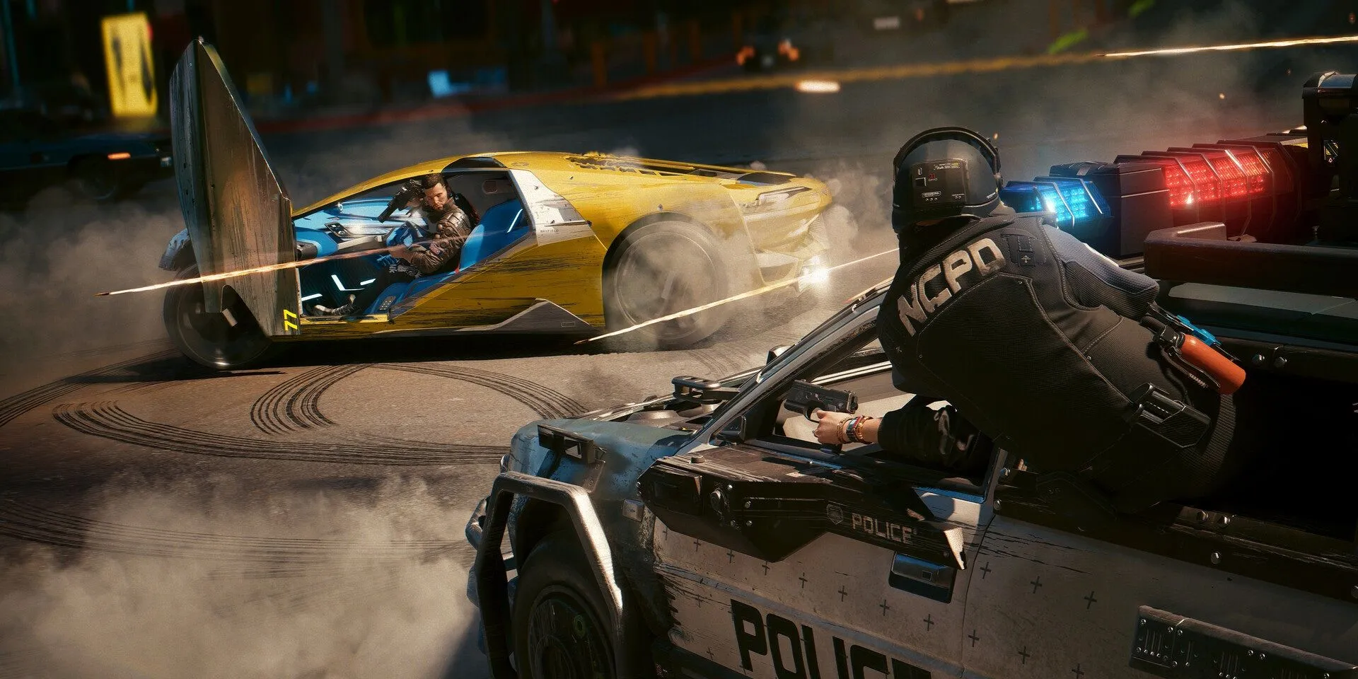 Giao diện trò chơi Cyberpunk 2077 với nhân vật chính đứng giữa thành phố Night City, thể hiện đồ họa chi tiết và không khí tương lai.