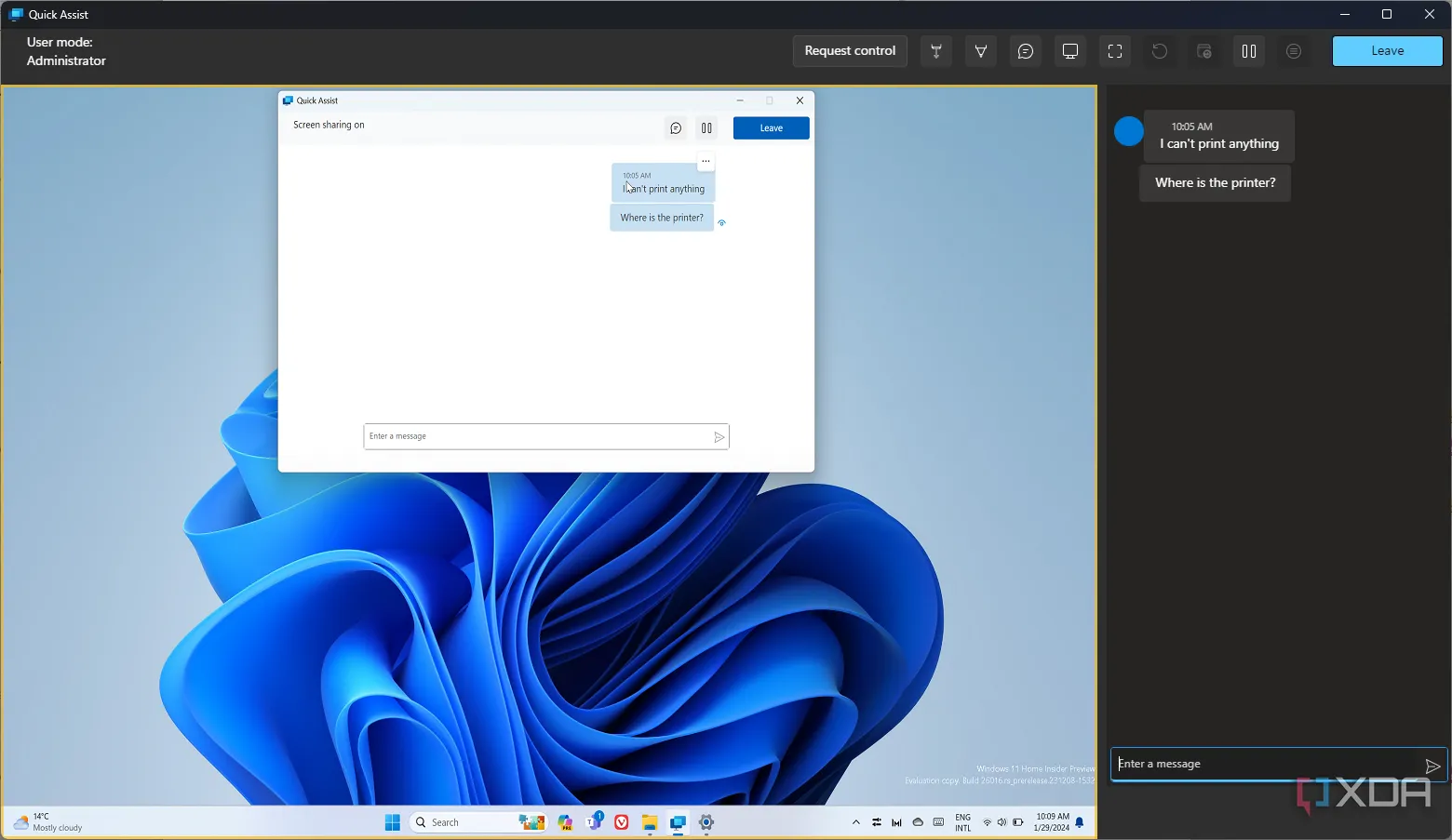 Giao diện ứng dụng Quick Assist trên Windows, hiển thị cửa sổ trò chuyện và tùy chọn điều khiển máy tính, giúp hỗ trợ kỹ thuật từ xa.