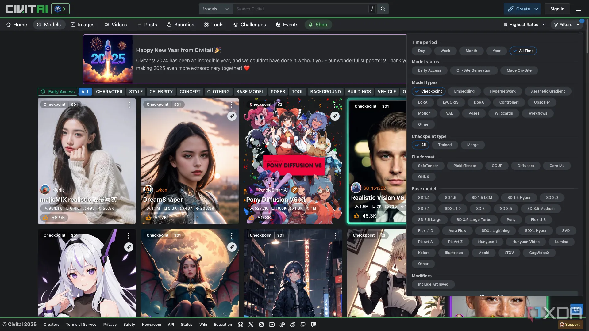 Giao diện website Civitai với các bộ lọc tìm kiếm mô hình AI, giúp người dùng dễ dàng tìm thấy Stable Diffusion LoRA và các tài nguyên khác.