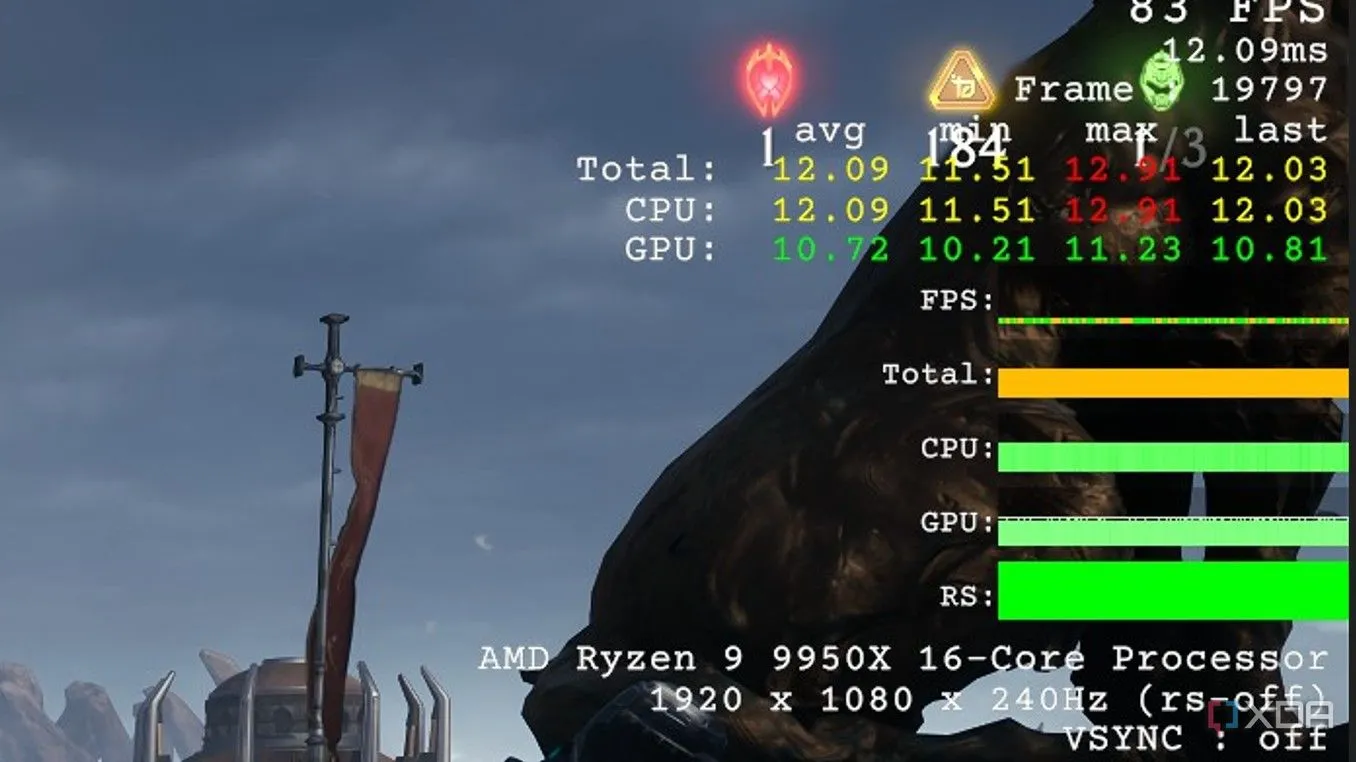 Hiển thị overlay hiệu suất Doom The Dark Ages trên RTX 4060 cho thấy CPU bottleneck khi frame time của CPU cao hơn GPU