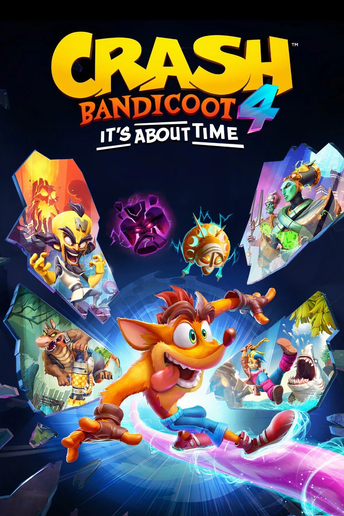 Hình ảnh từ game Crash Bandicoot 4: It's About Time, nhân vật chính Crash đang nhảy và xoay người trên một địa hình đầy màu sắc với nhiều chướng ngại vật và kẻ thù.