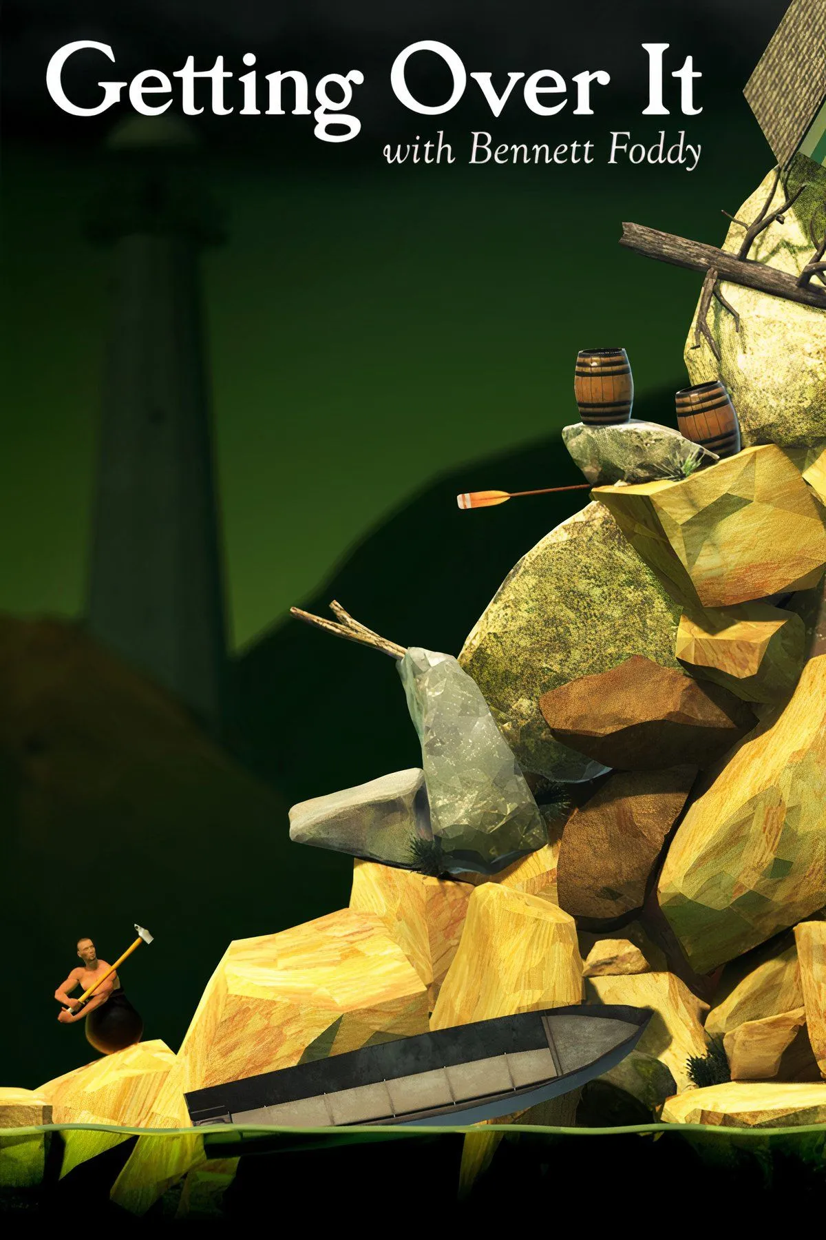 Hình ảnh từ game Getting Over It with Bennett Foddy, cho thấy nhân vật chính ngồi trong vạc và dùng búa tạ để leo qua một địa hình núi đá hỗn độn và khó khăn.