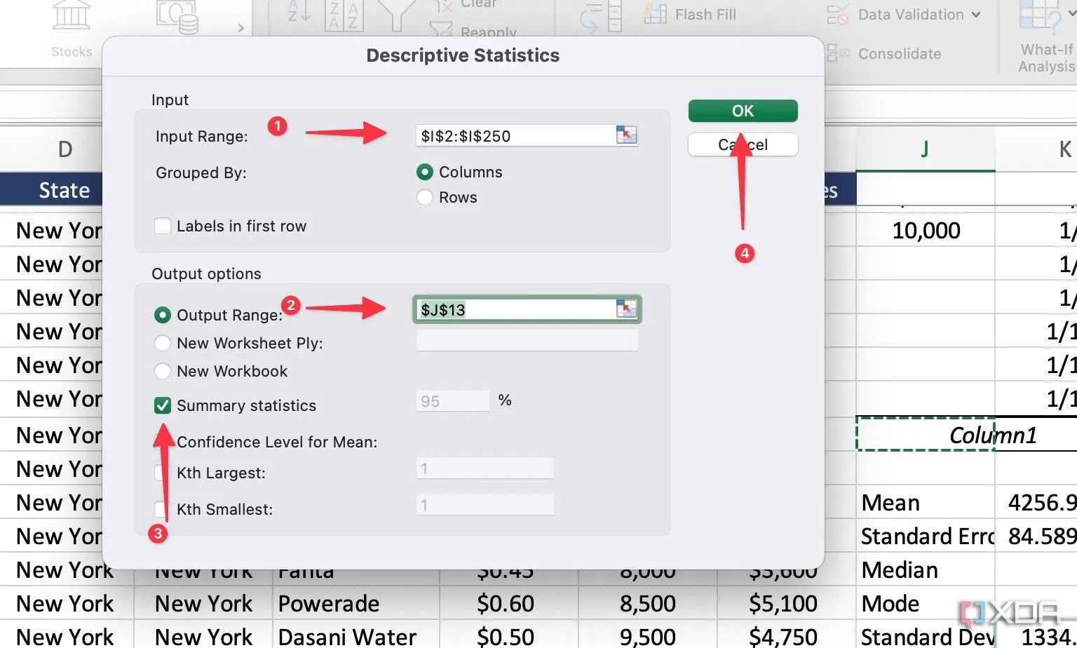 Hộp thoại Descriptive Statistics trong Excel, chọn phạm vi đầu vào và đầu ra