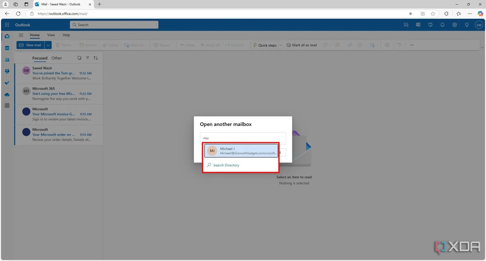 Hộp thoại nhập tên hộp thư dùng chung trên Outlook web