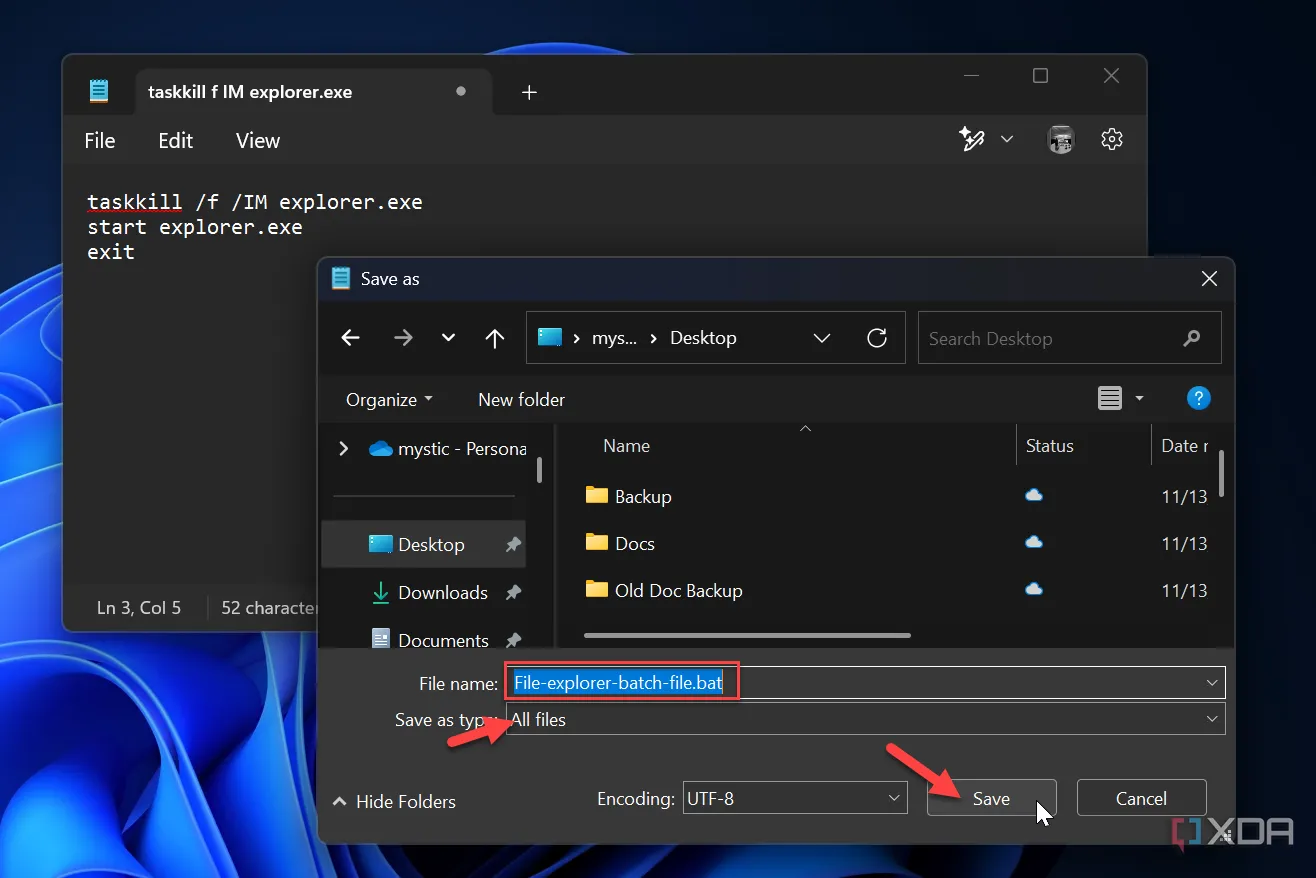 Hướng dẫn lưu tập tin batch (.bat) để khởi động lại File Explorer tự động khi gặp sự cố đóng băng