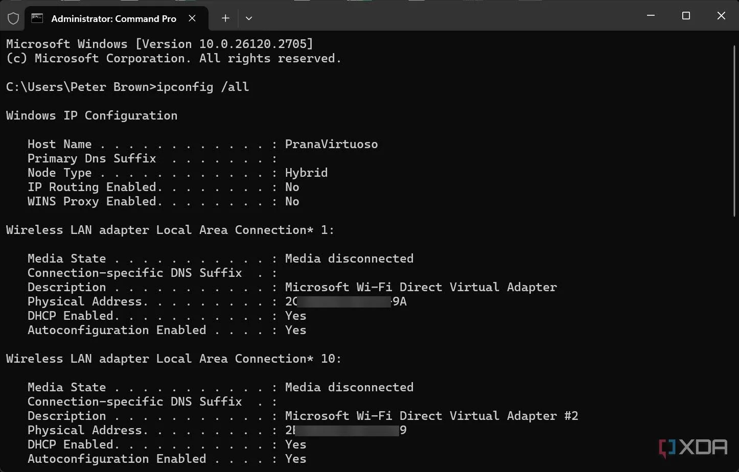 Kết quả lệnh ipconfig /all trên Command Prompt, hiển thị thông tin chi tiết cấu hình mạng