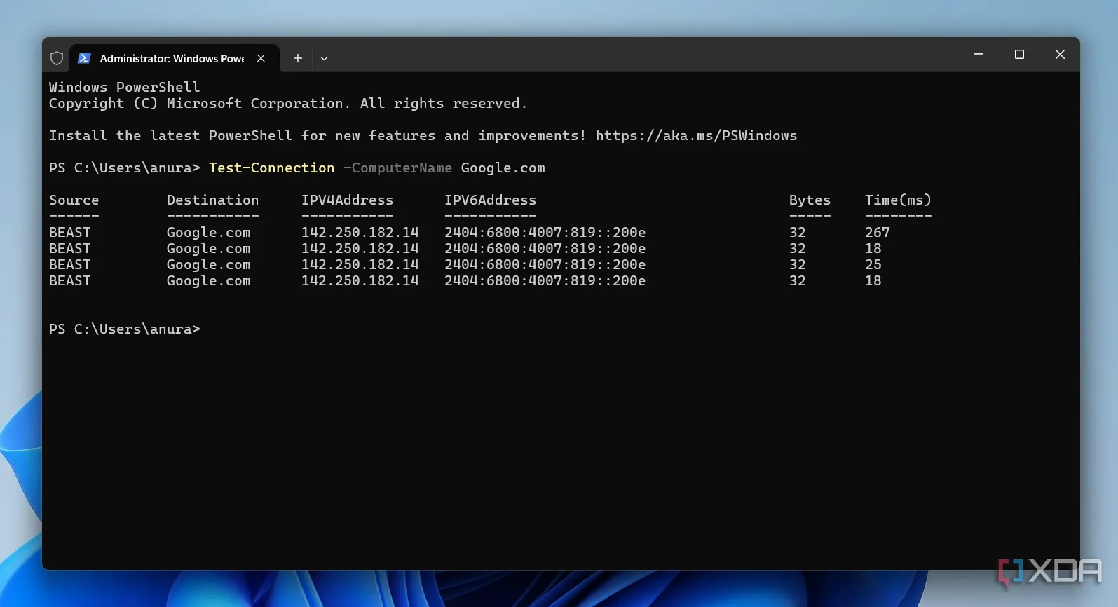 Kiểm tra kết nối mạng và độ trễ bằng lệnh Test-Connection trong PowerShell
