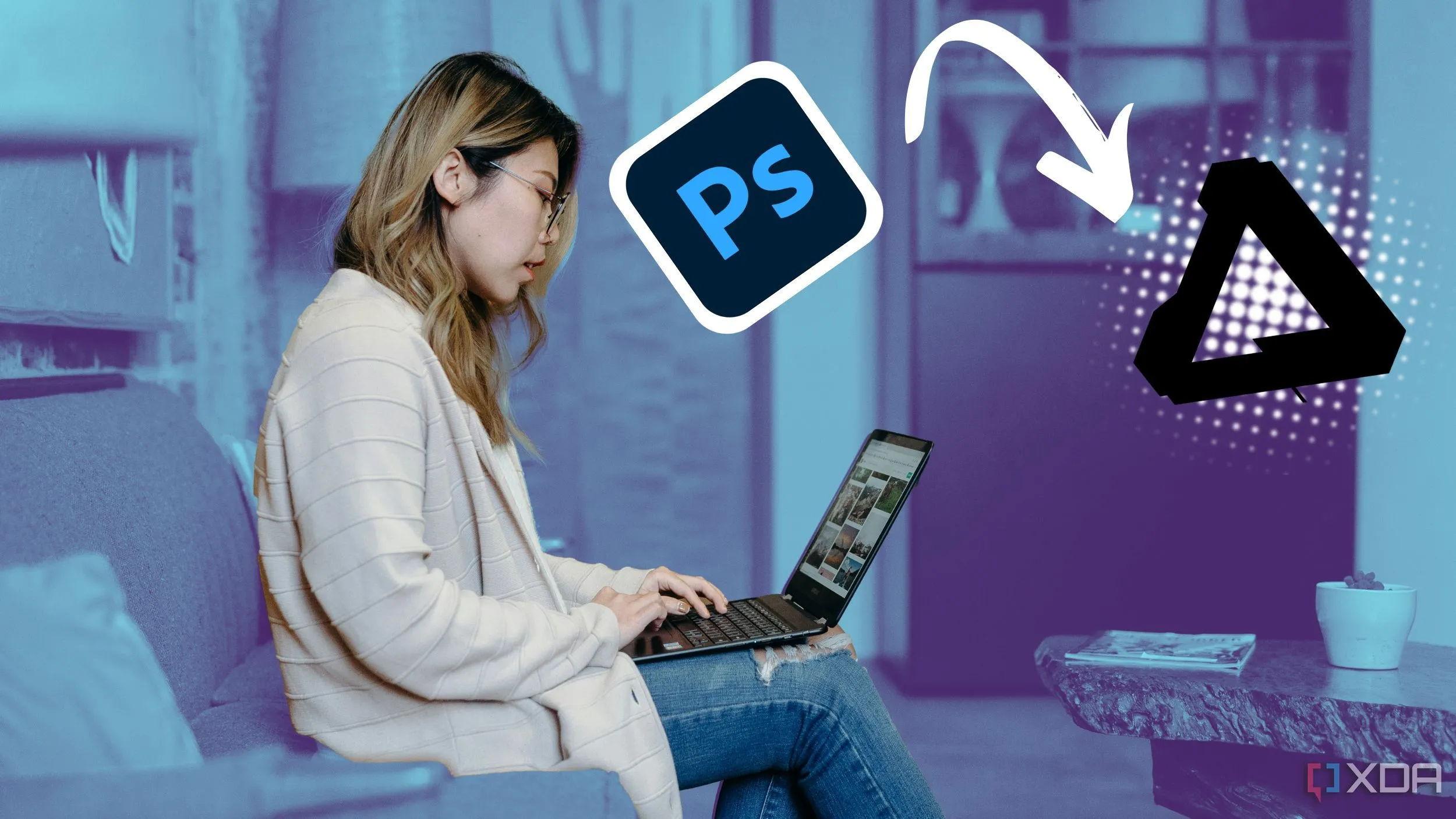 Logo Photoshop chuyển đổi sang logo Affinity, tượng trưng cho việc chuyển đổi phần mềm thiết kế