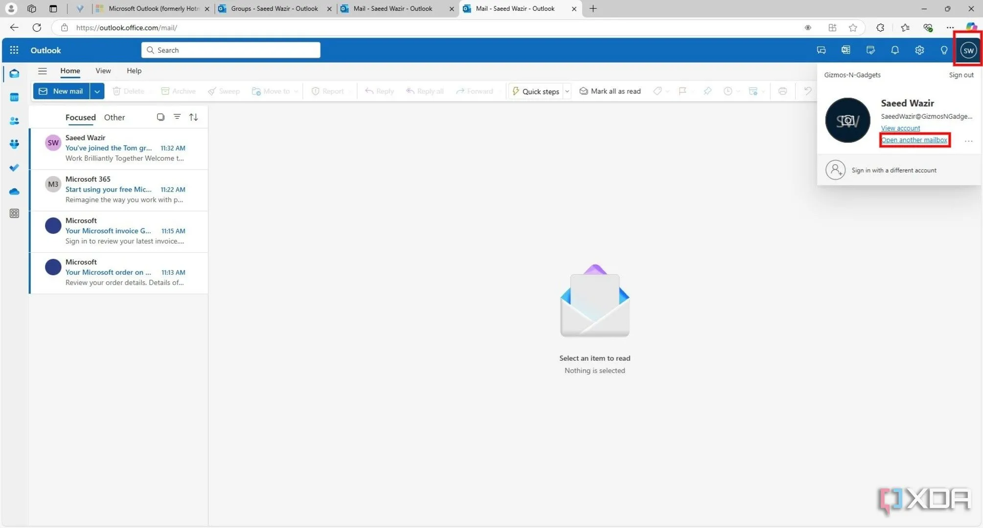 Lựa chọn &quot;Mở hộp thư khác&quot; trong menu hồ sơ Outlook web