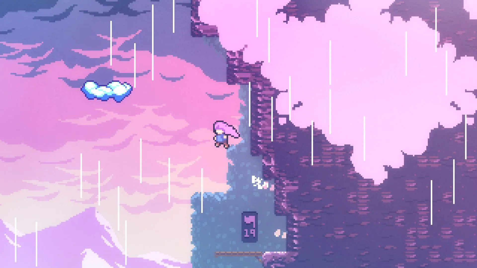 Madeline nhảy lên một đám mây trên sườn núi Celeste, thể hiện cơ chế nhảy và bám tường của game