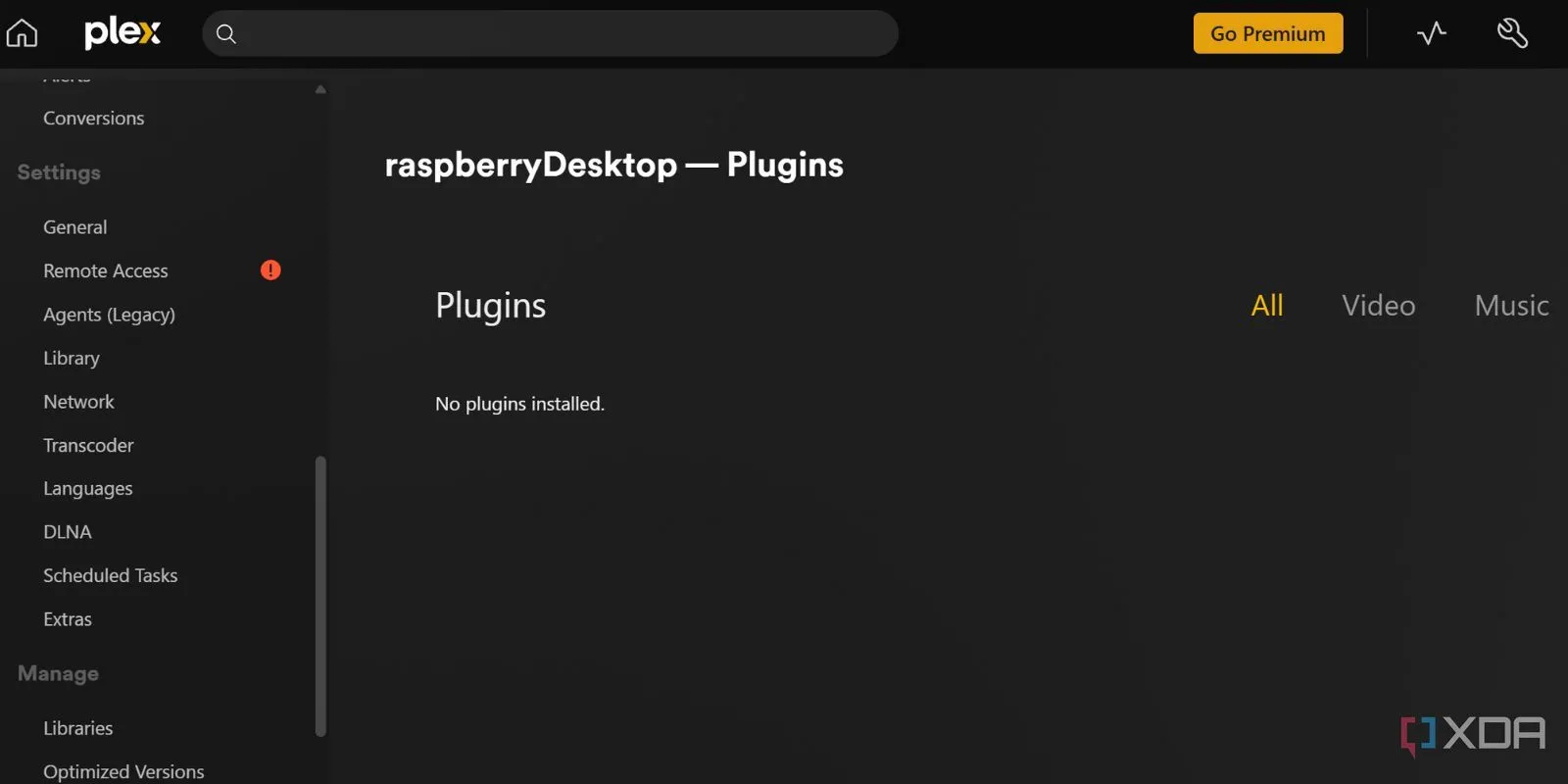 Màn hình cài đặt plugin của Plex, cho thấy thiếu các tùy chọn mở rộng