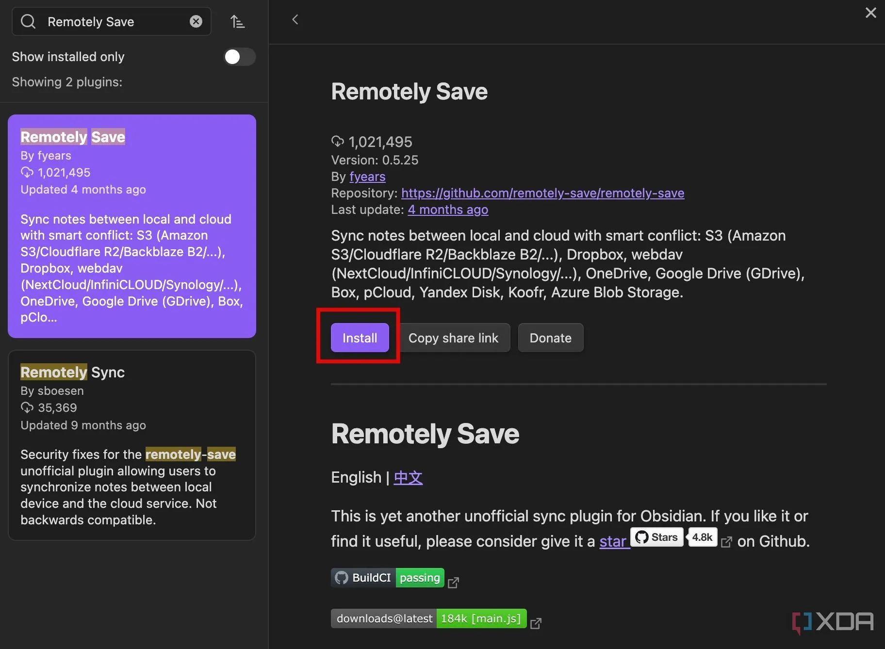 Màn hình cài đặt plugin Remotely Save trong Obsidian, cho phép cài đặt và kích hoạt