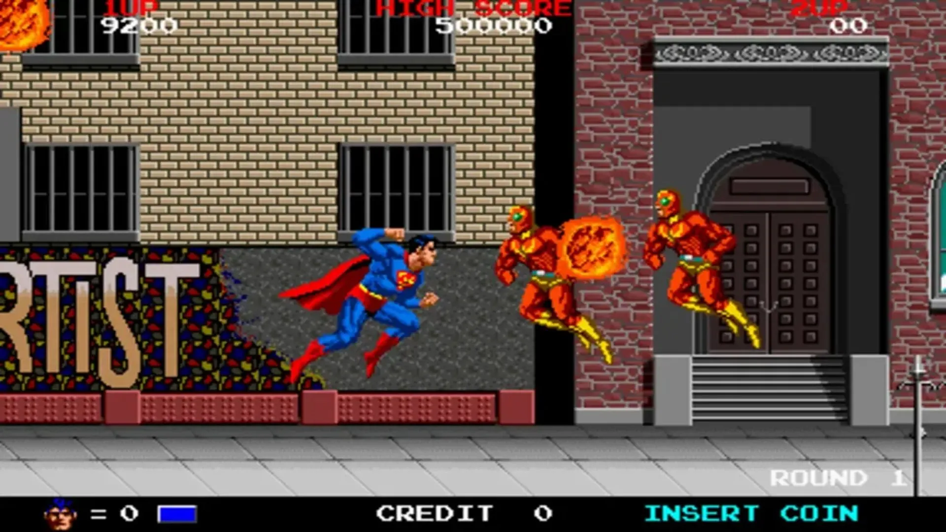Màn hình chơi game Superman The Video Game năm 1988, Siêu Nhân đang chiến đấu với kẻ thù trong phong cách arcade cổ điển