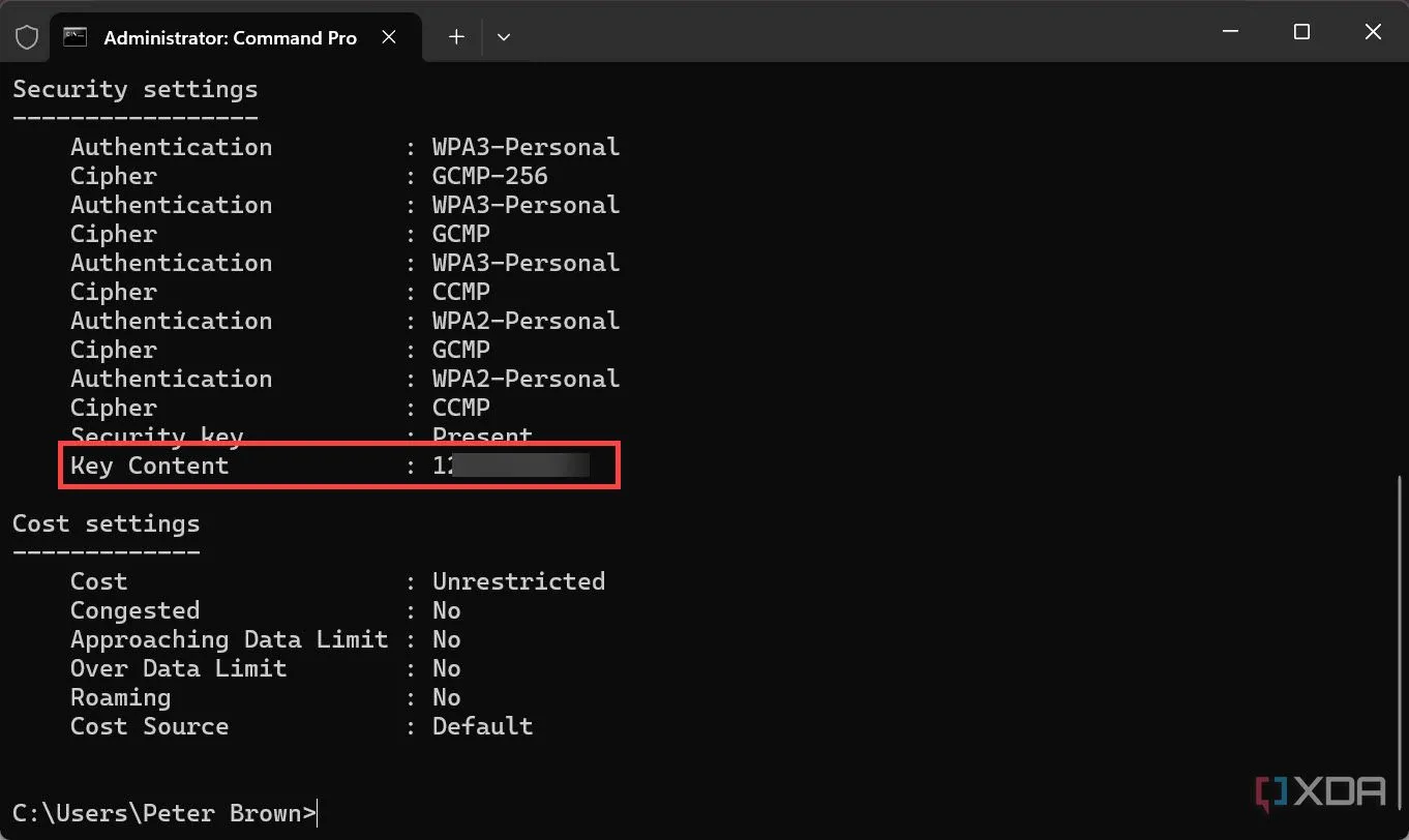Màn hình Command Prompt hiển thị mật khẩu Wi-Fi đã lưu bằng lệnh netsh wlan