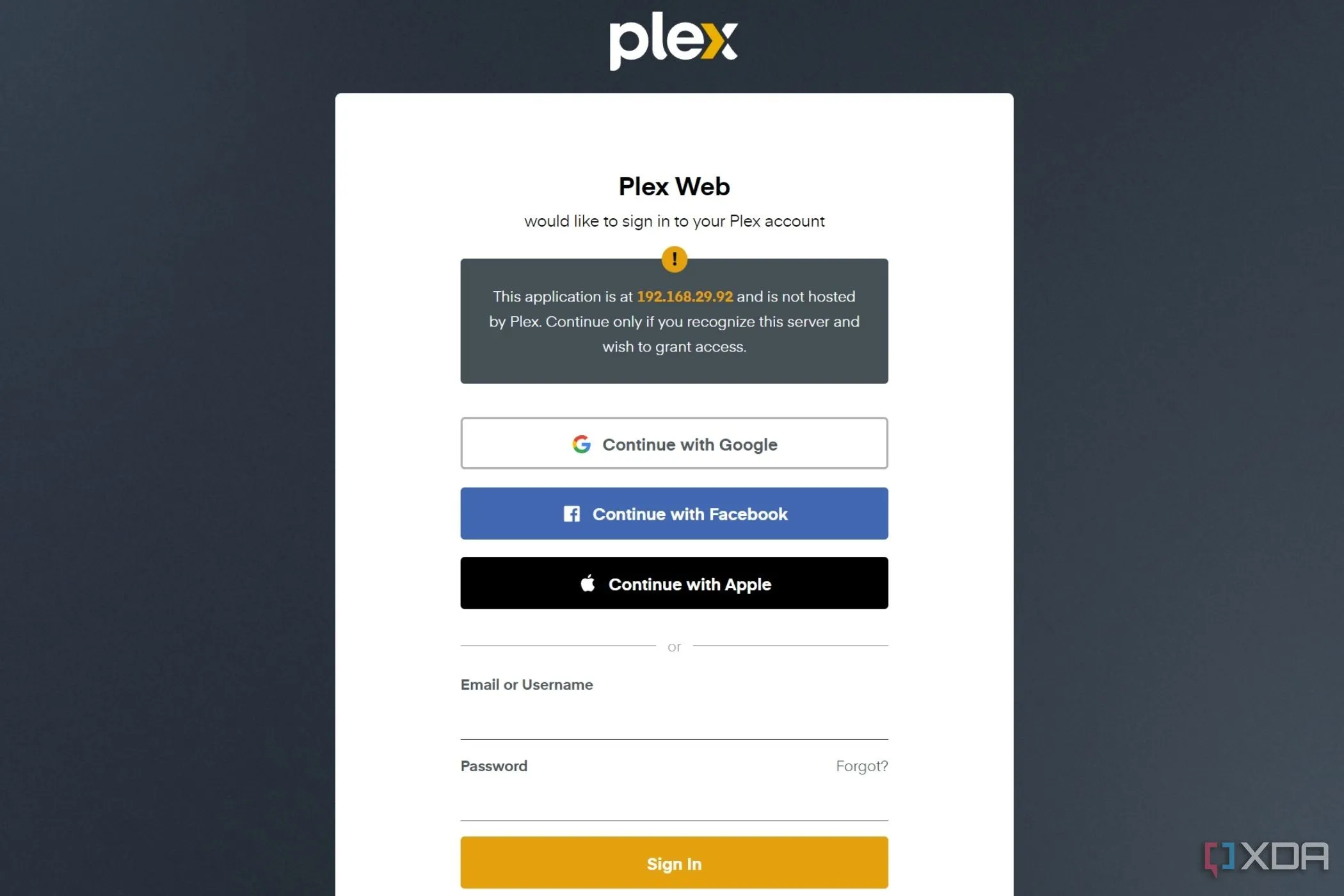 Màn hình đăng nhập của Plex qua giao diện web, thể hiện yêu cầu kết nối và xác thực tài khoản.