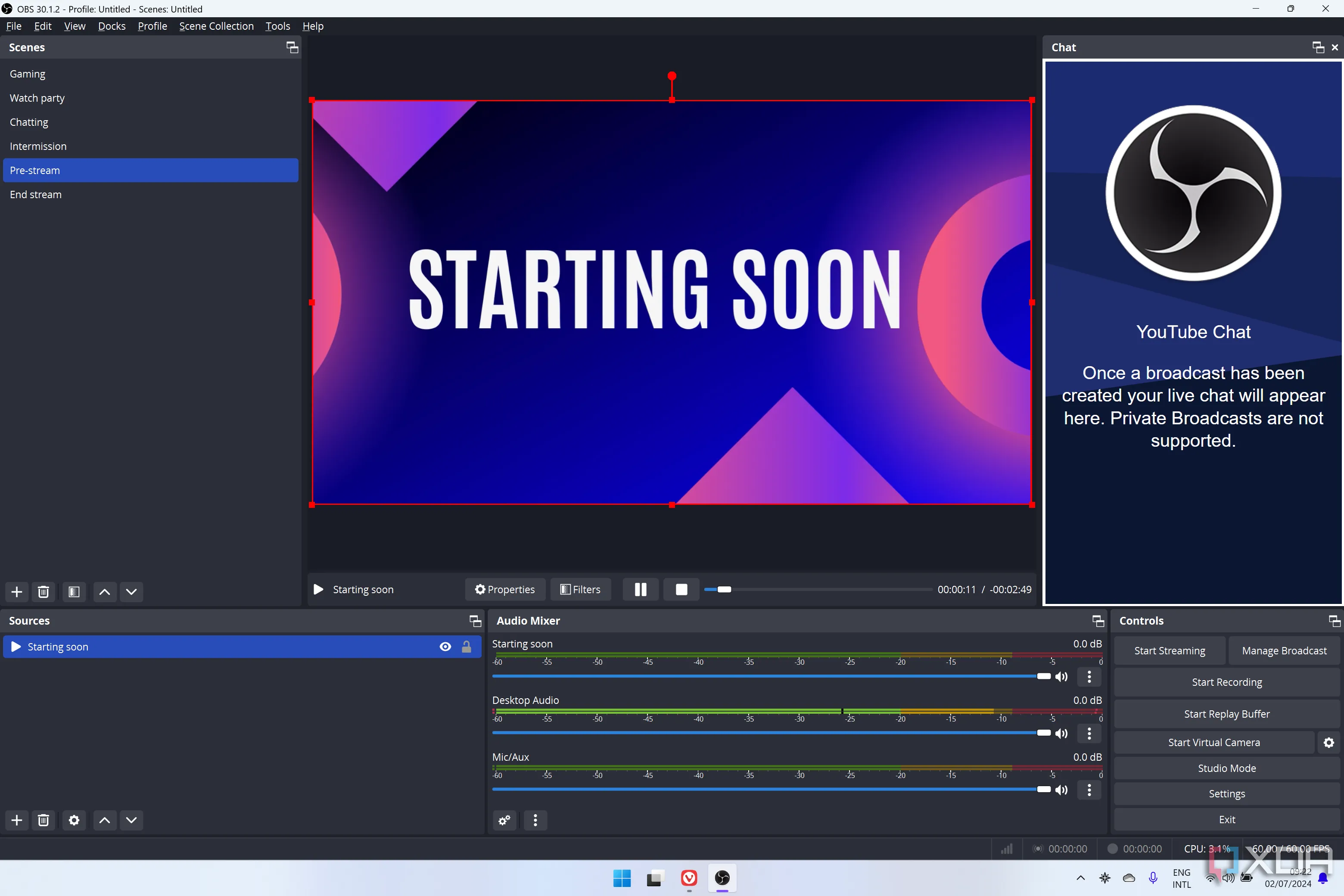 Màn hình OBS Studio hiển thị chế độ Studio Mode với tính năng xem trước cảnh quay