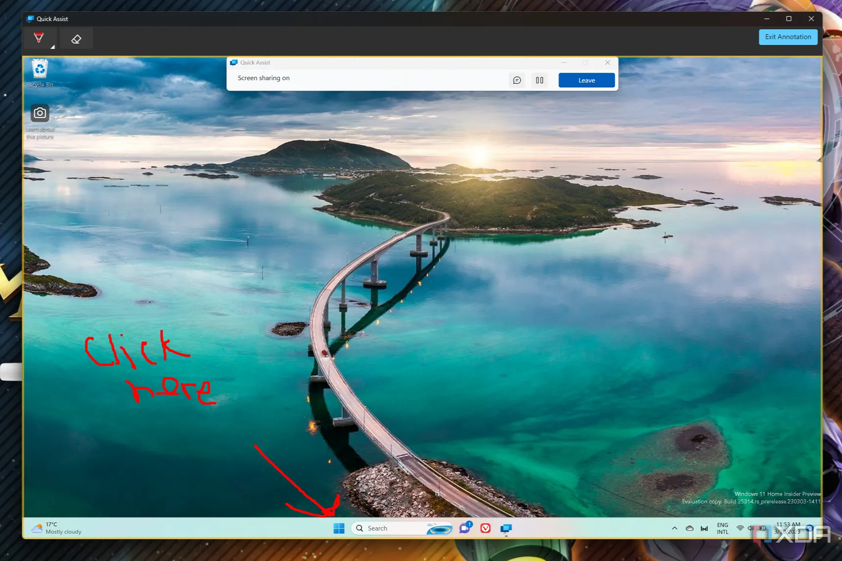 Màn hình Quick Assist trên Windows 11 với các công cụ chú thích và đánh dấu, hỗ trợ người dùng từ xa hiệu quả.