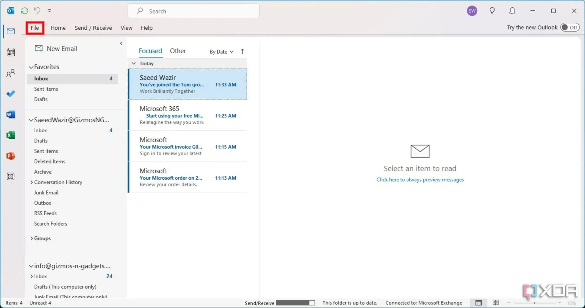 Menu File trong Outlook Classic