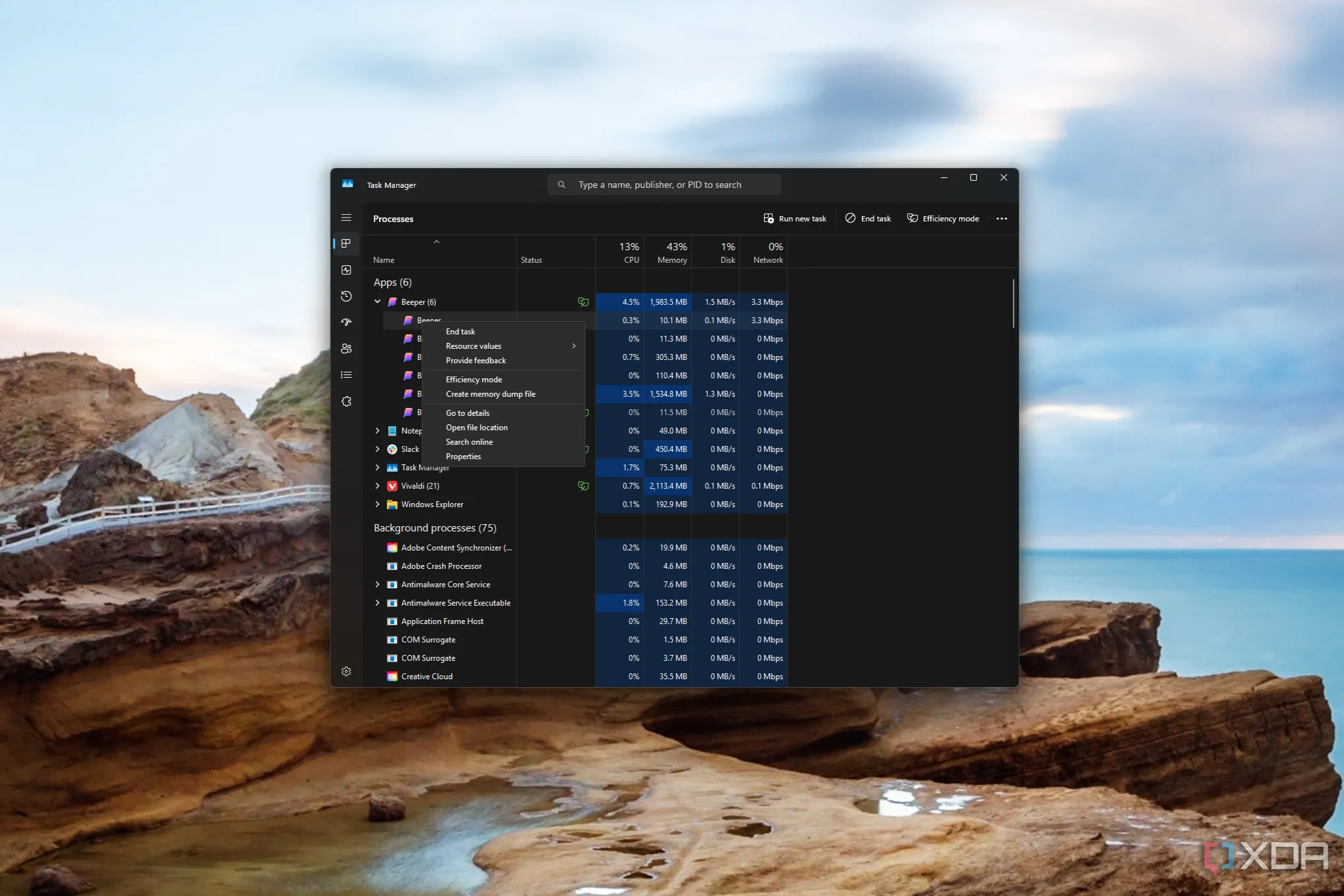 Menu ngữ cảnh hiển thị khi nhấp chuột phải vào một tiến trình trong Trình quản lý Tác vụ Windows 11