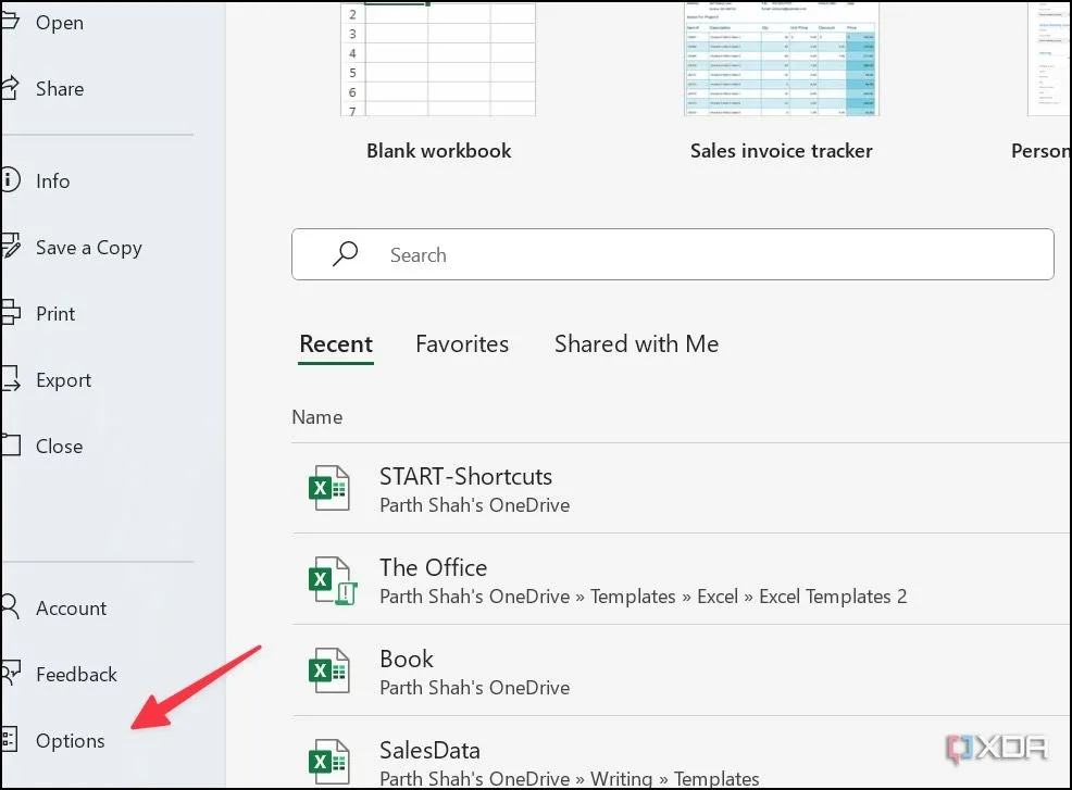 Menu Options (Tùy chọn) trong Excel để truy cập cài đặt nâng cao