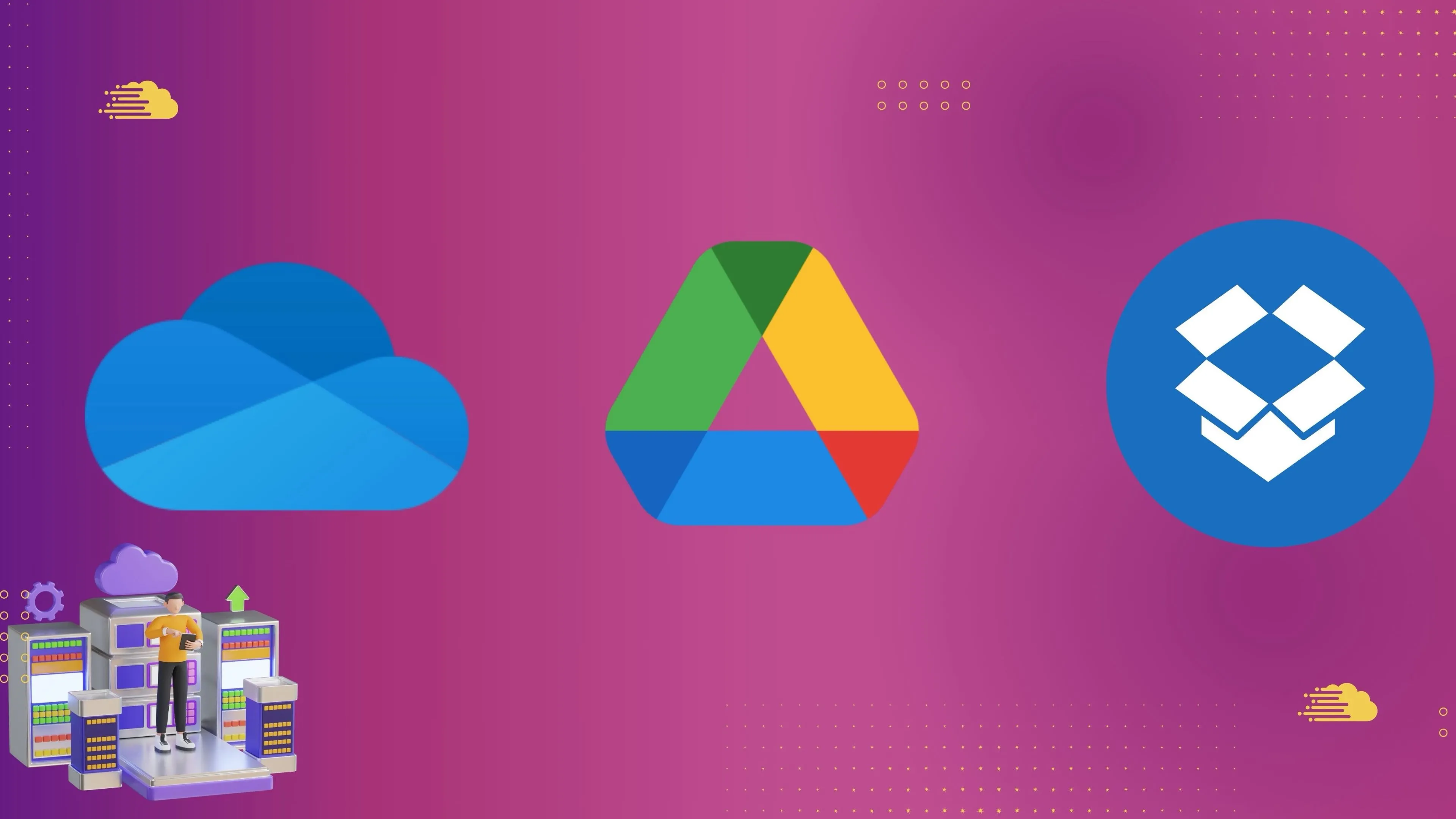 Minh họa các biểu tượng dịch vụ lưu trữ đám mây phổ biến như Google Drive, Dropbox, OneDrive và Amazon S3