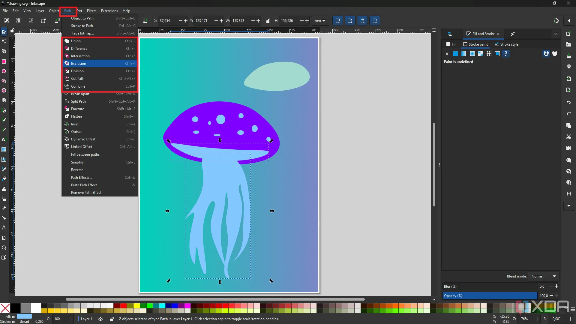 Minh họa thao tác Boolean (Union, Difference) trong Inkscape, giúp kết hợp và cắt các hình dạng vector phức tạp.
