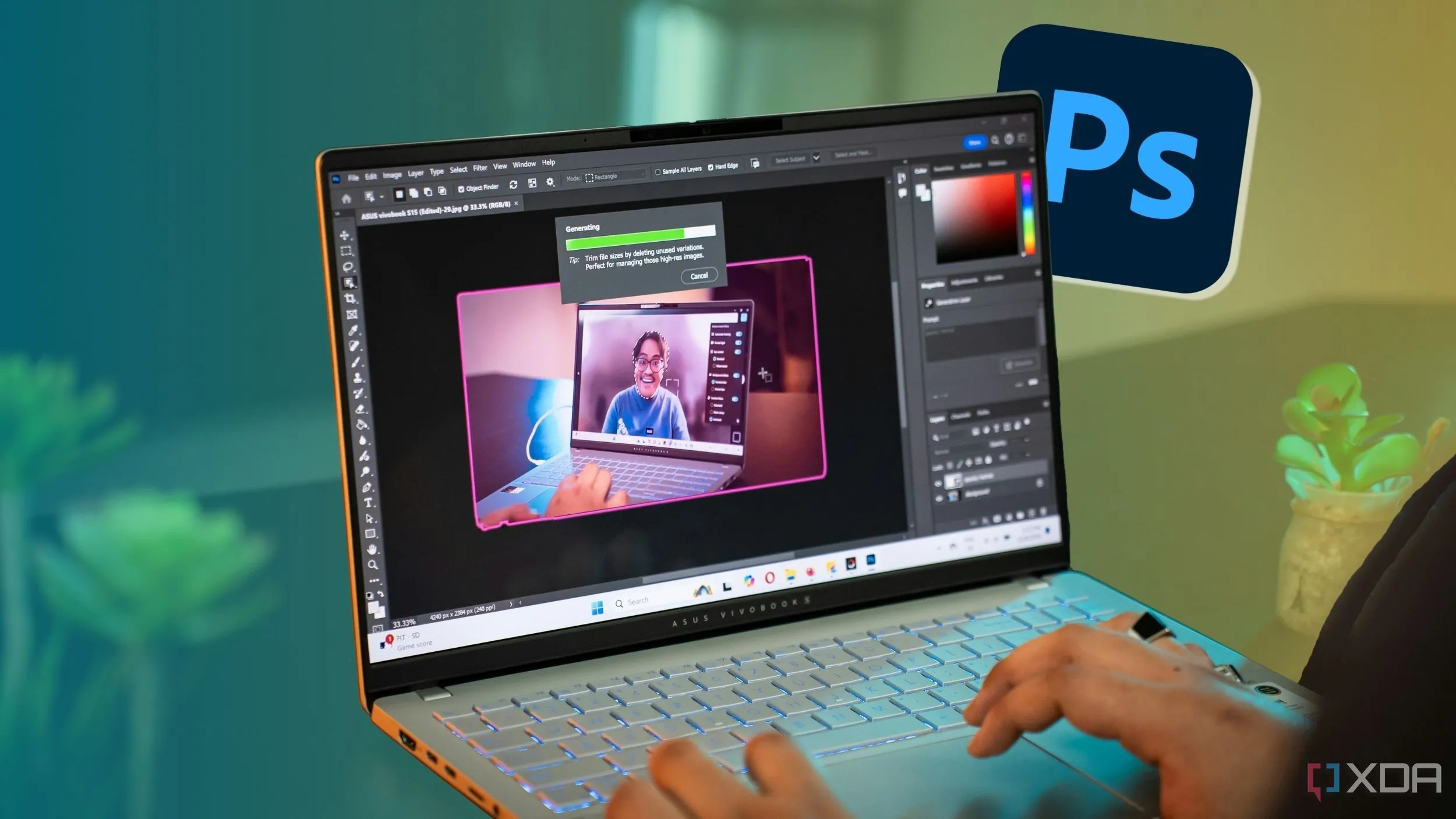Người dùng đang chỉnh sửa ảnh trong Adobe Photoshop, minh họa cho việc sử dụng hiệu quả các công cụ giúp tiết kiệm thời gian.