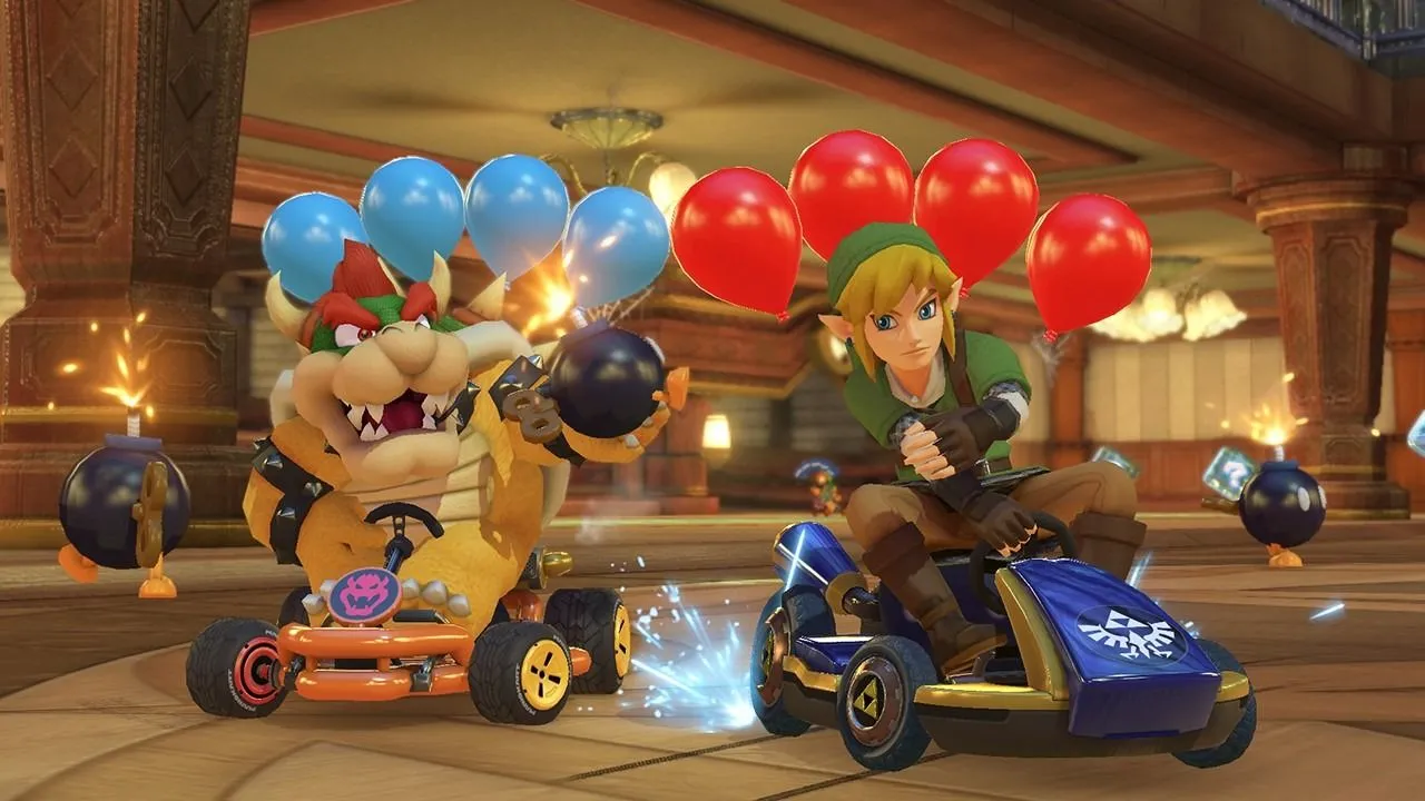 Nhân vật Bowser và Link trong game Mario Kart 8 Deluxe, một ví dụ về game Wii U được chuyển thể và tương thích tốt trên Switch