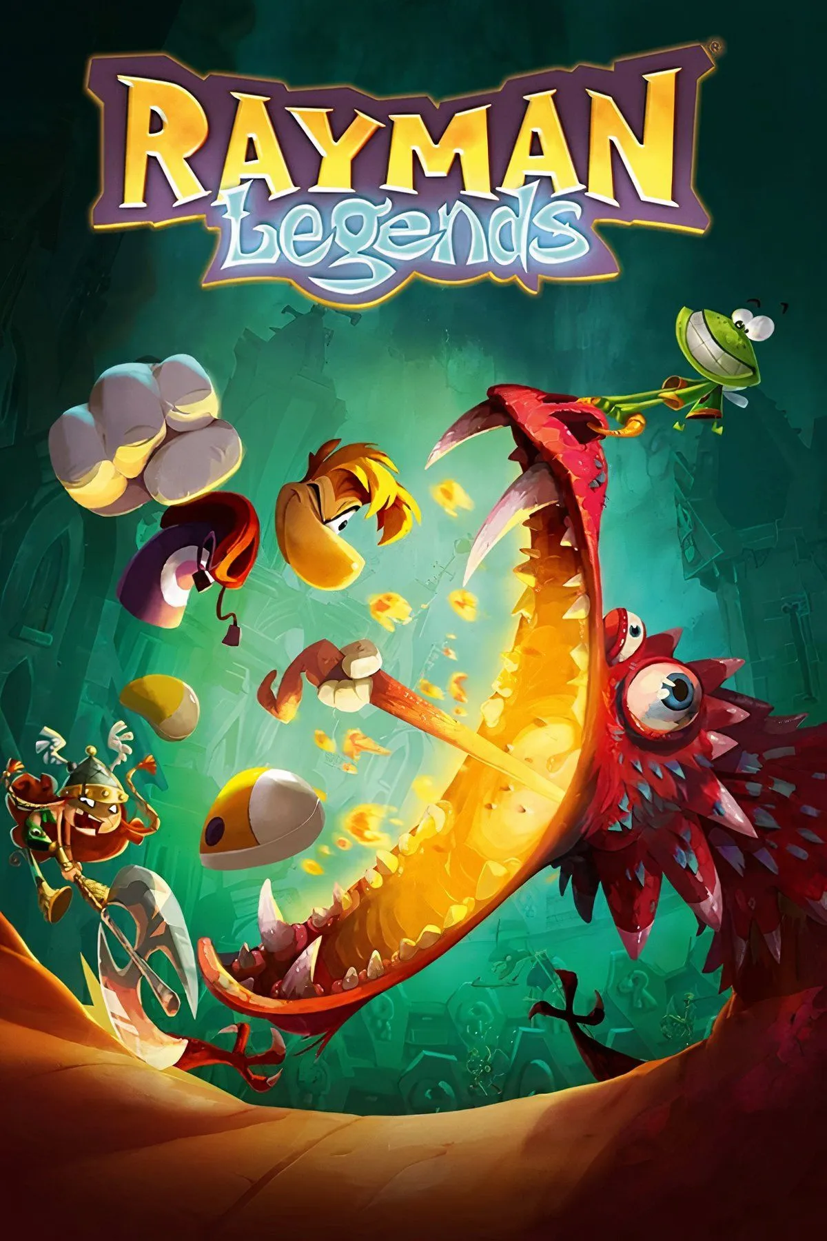 Nhân vật Rayman và Globox trong Rayman Legends, với đồ họa hoạt hình đầy màu sắc và hiệu ứng ánh sáng rực rỡ