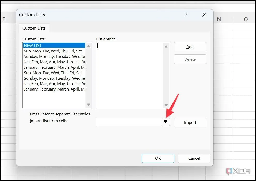 Nhập danh sách tùy chỉnh từ các ô trong Excel
