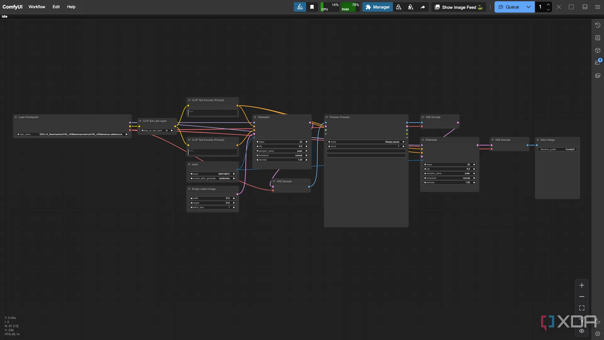 Node Preview Chooser trong một workflow ComfyUI đơn giản, cho phép người dùng xem trước hình ảnh và tạm dừng quá trình tạo ảnh AI.