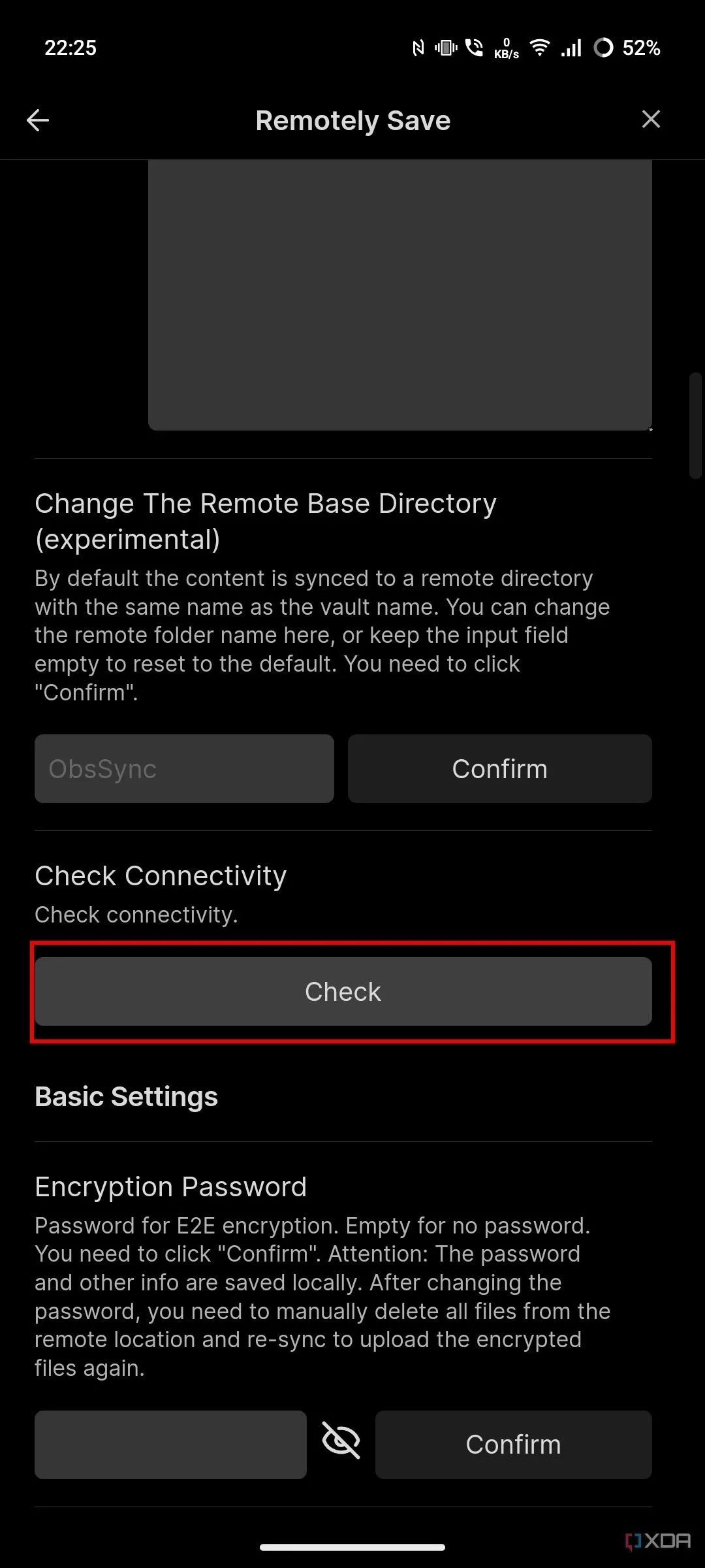 Nút kiểm tra kết nối máy chủ trong cài đặt Remotely Save của Obsidian để xác minh đồng bộ