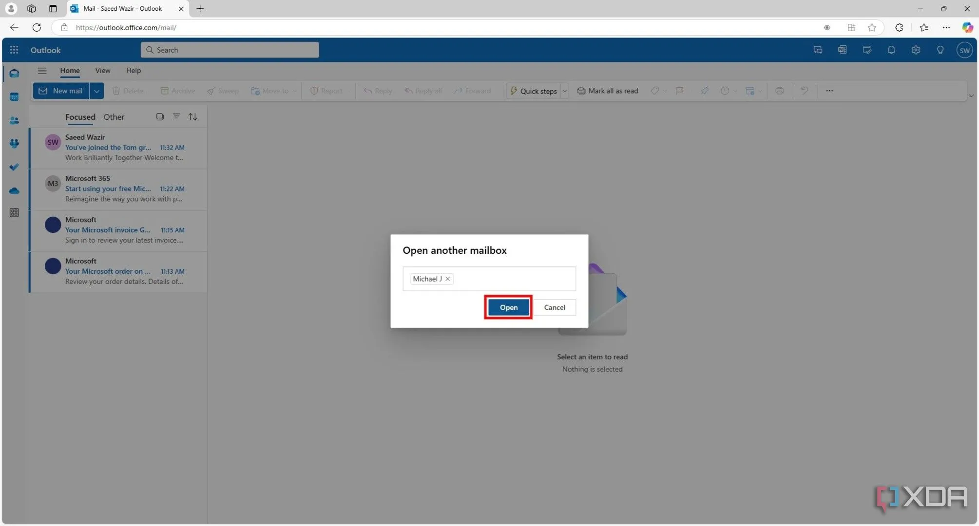 Nút &quot;Mở&quot; sau khi nhập tên hộp thư dùng chung trên Outlook web