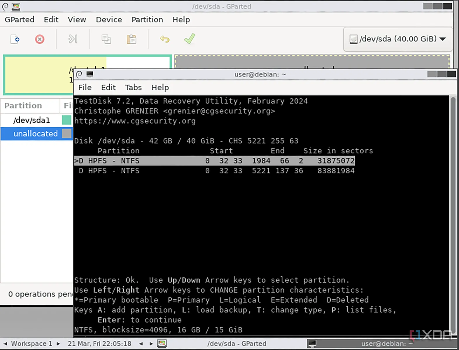 Screenshot of a terminal window in GParted Live showing recoverable partitions on a drive