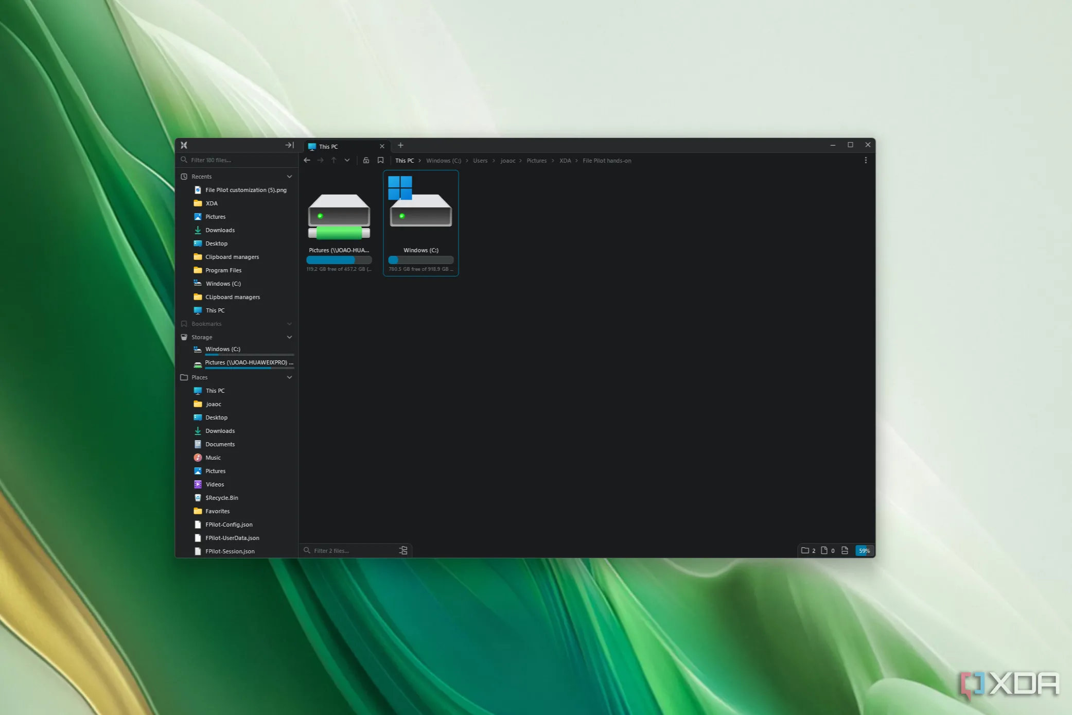 Screenshot of File Pilot showing available drives on the PC, including a network mapped drive