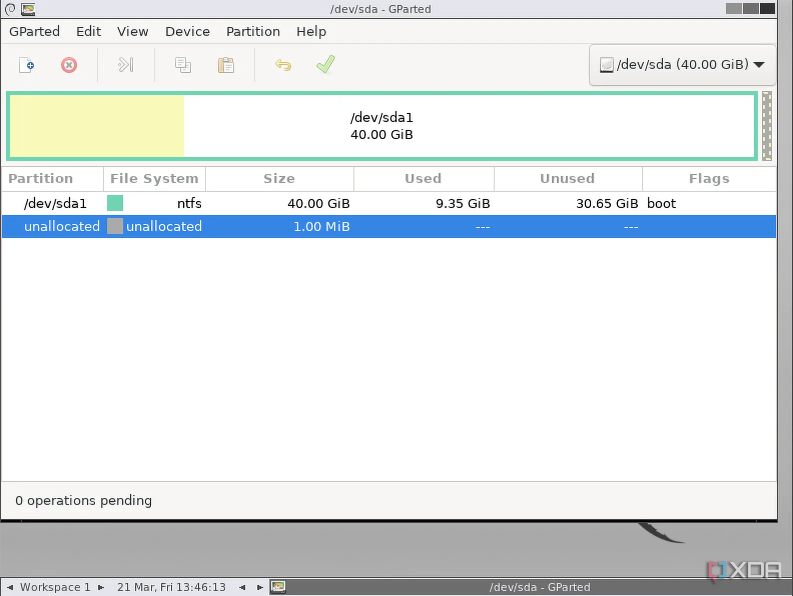 Screenshot of GParted Live showing a list of partitions on a disk