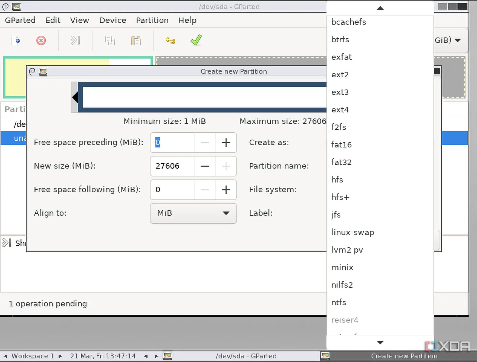 Screenshot of GParted showing various file system options for a new partition