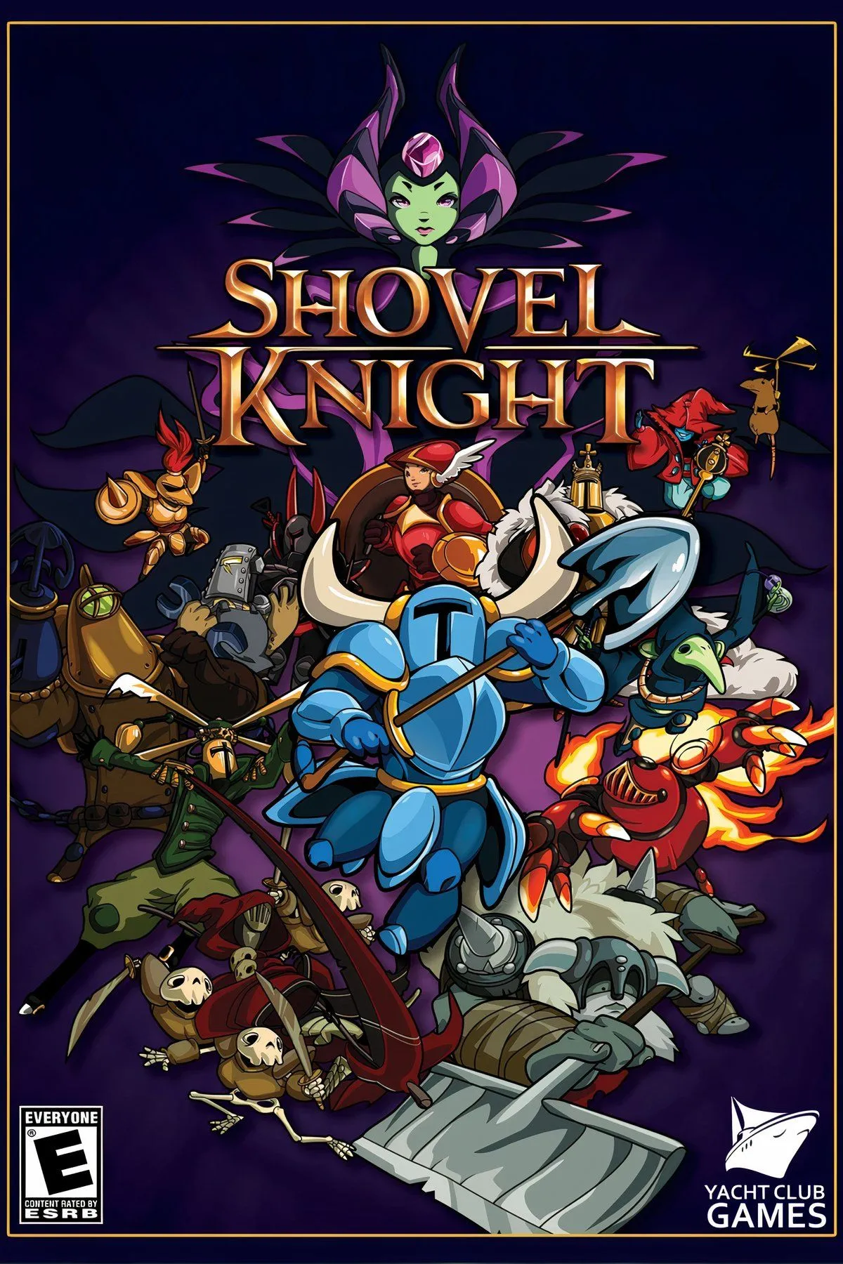Shovel Knight sử dụng xẻng để tấn công trong một màn chơi pixel-art cổ điển nhưng chi tiết