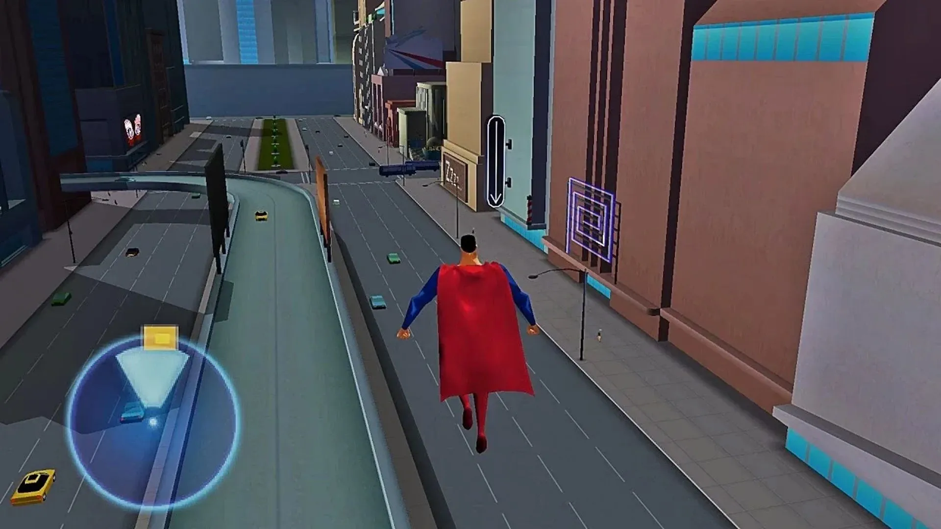 Siêu Nhân bay lượn trong trò chơi Superman Shadow of Apokolips, thể hiện đồ họa cell-shaded giống phim hoạt hình