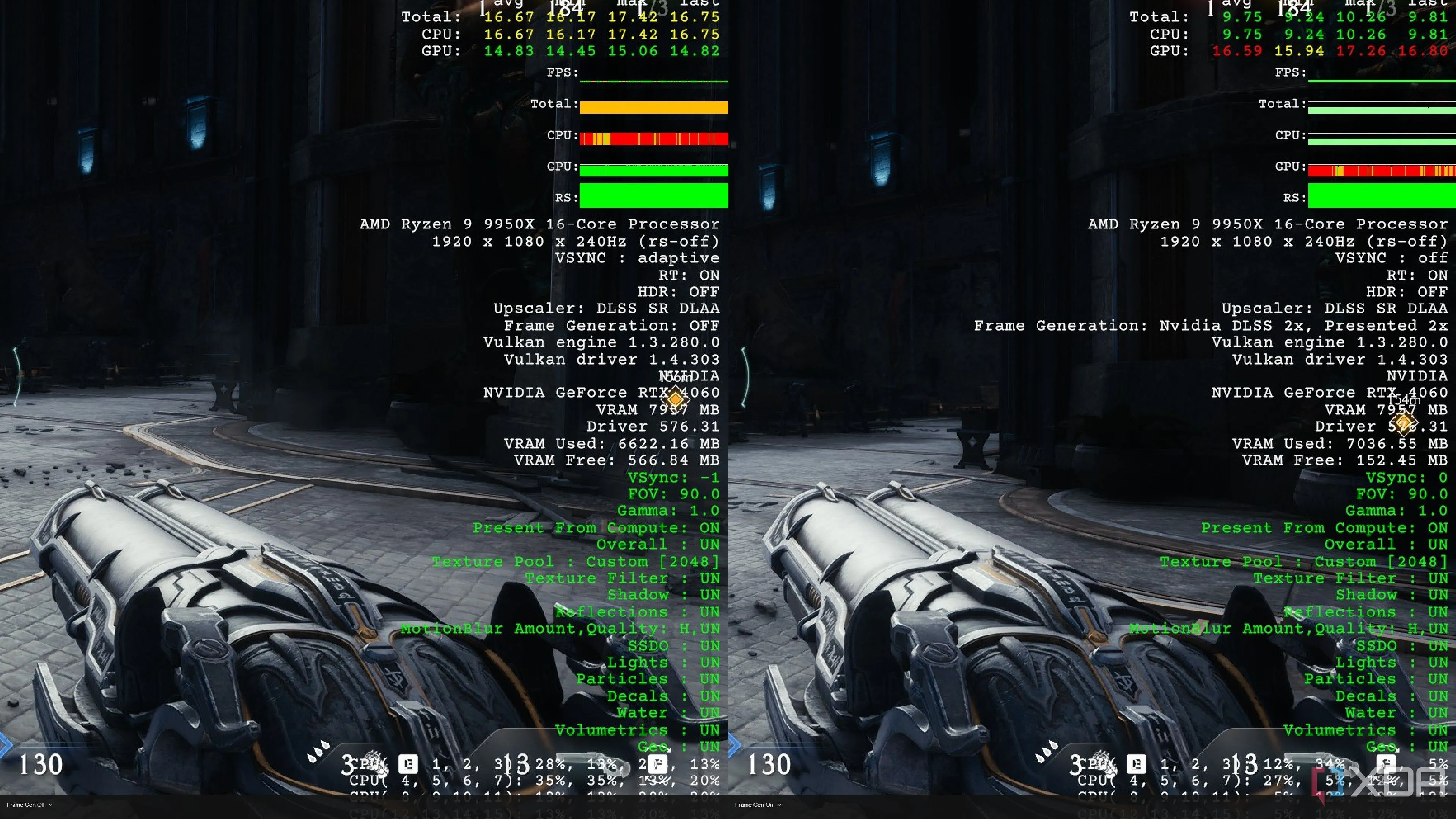 So sánh hiệu năng Doom The Dark Ages với DLSS Frame Generation bật và tắt, cho thấy mức tăng VRAM sử dụng trên card RTX 4060 8GB