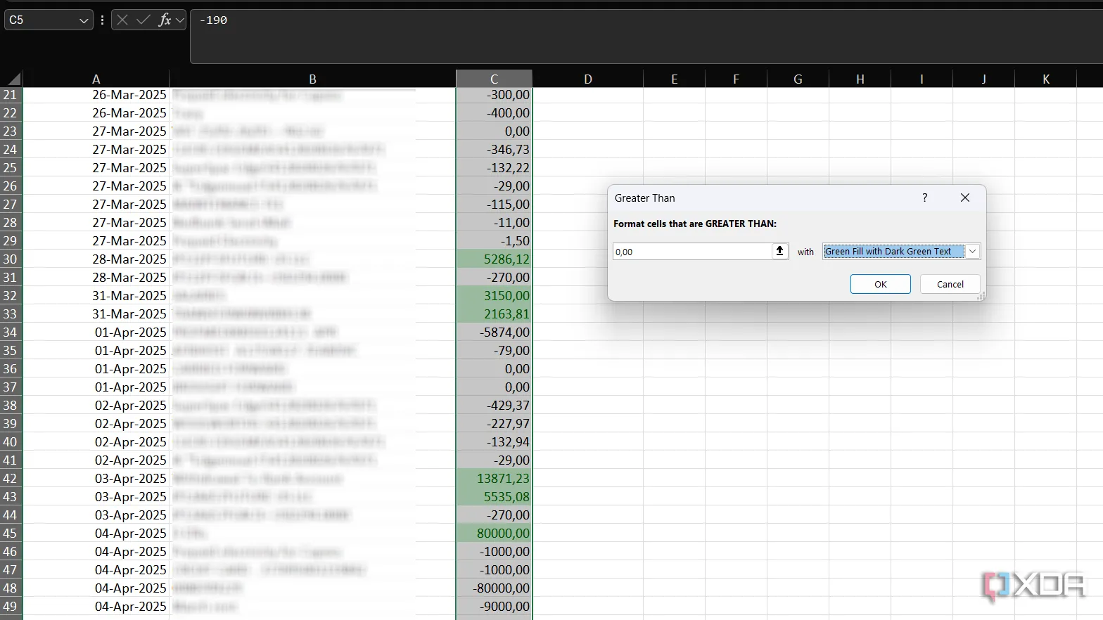 Sử dụng định dạng Lớn hơn trong Excel để đánh dấu các khoản thu nhập