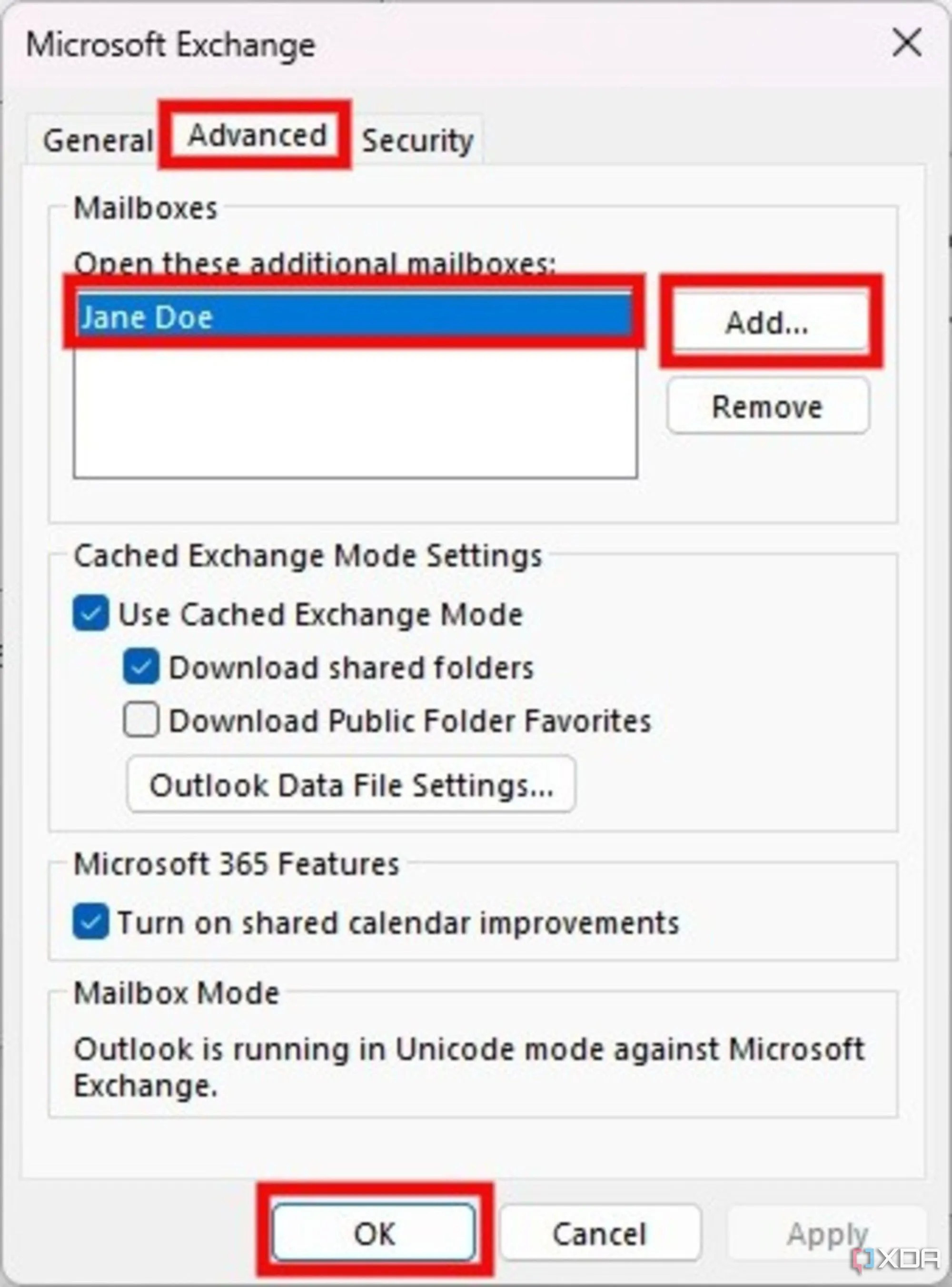 Tab &quot;Nâng cao&quot; trong cửa sổ Microsoft Exchange