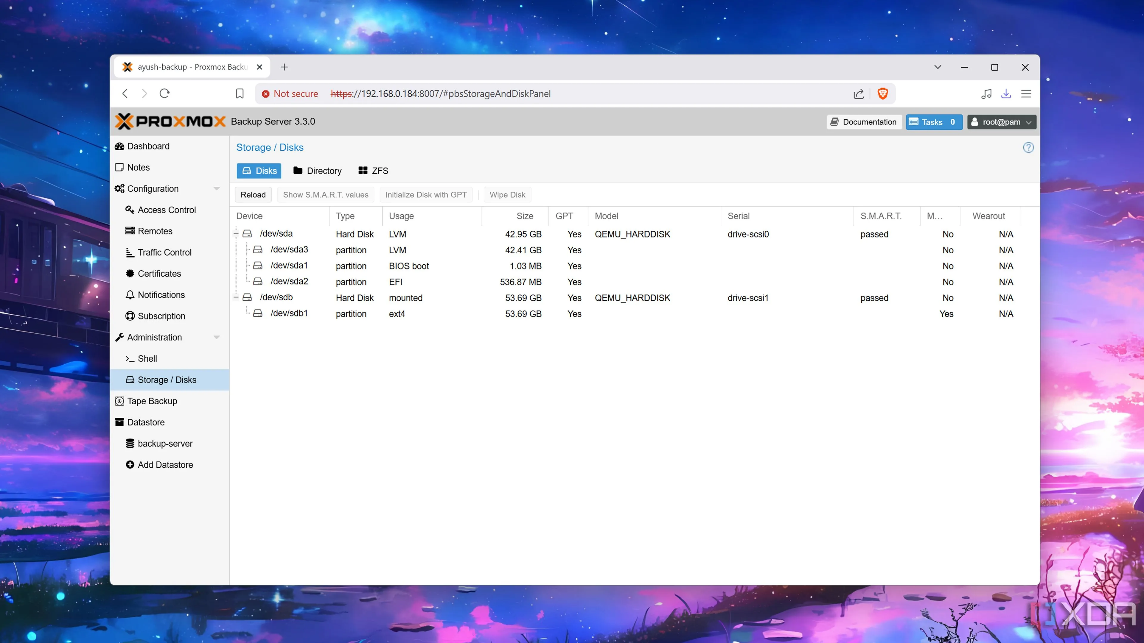 Tab Storage/Disks trong Proxmox Backup Server