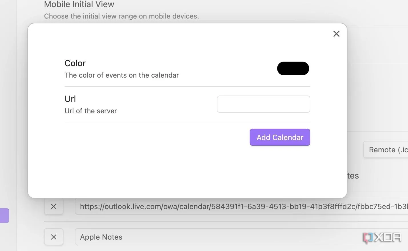 Thêm lịch bên ngoài định dạng ICS vào plugin Full Calendar trong cài đặt Obsidian